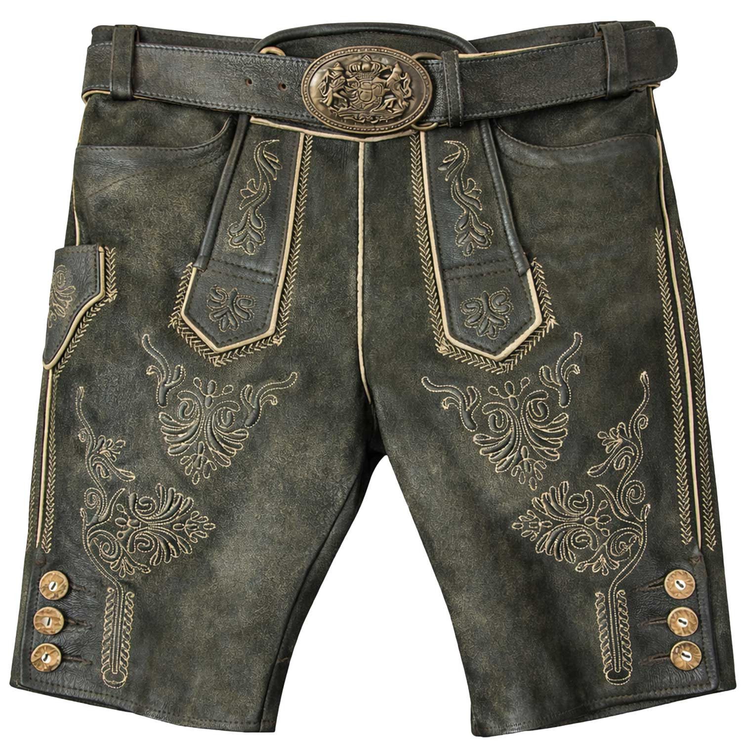Maddox Trachtenlederhose "Ammersee" mit Gürtel - Antik Smoke, Kurze Herren Lederhose