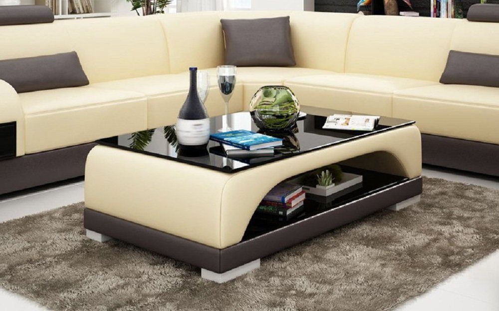 JVmoebel Couchtisch Design Glastisch Leder Sofa Glas Beige/Braun Couch Tische Tisch Wohnzimmertische