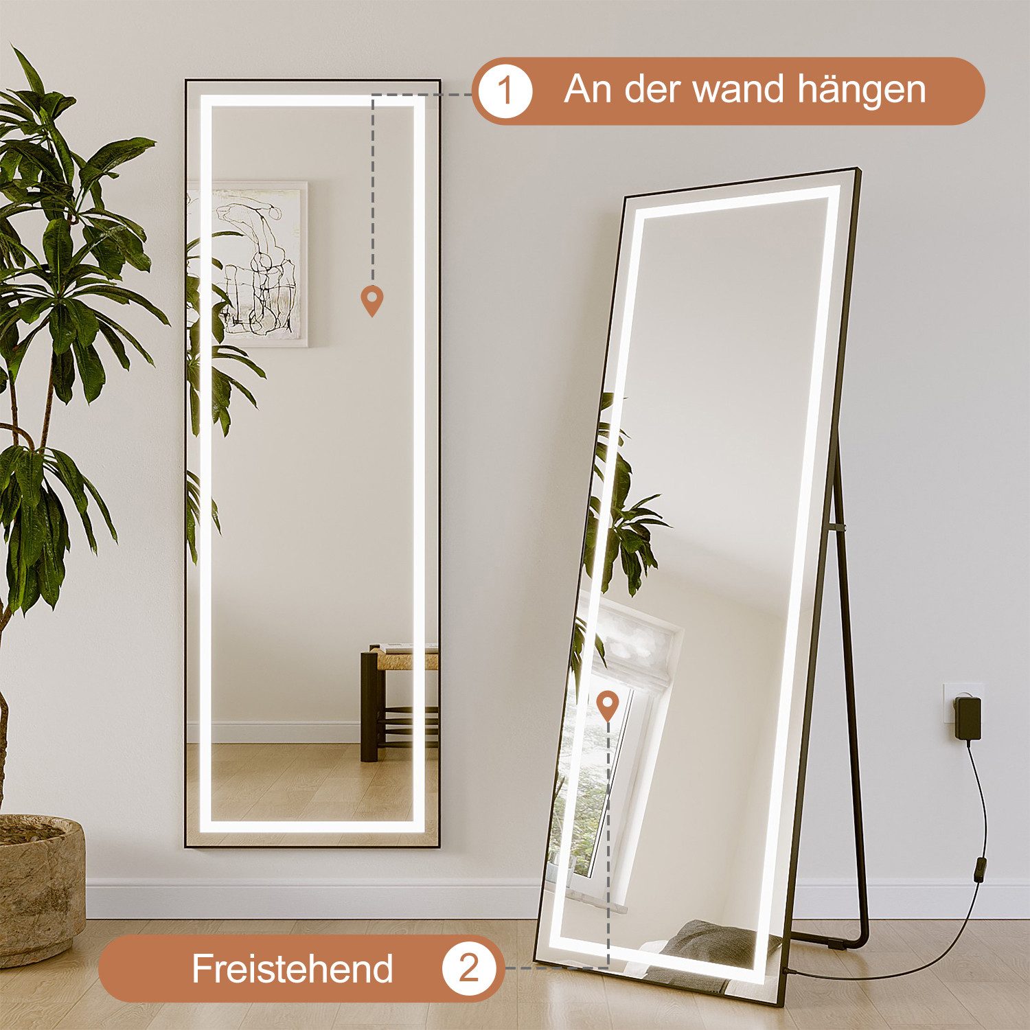 AQUALAVOS Standspiegel LED Ganzkörperspiegel 50x150 cm mit EU-Stecker Stand- oder Wandmontage, Standspiegel Kaltweiß Beleuchtet für Schlafzimmer Ankleidezimmer Flur