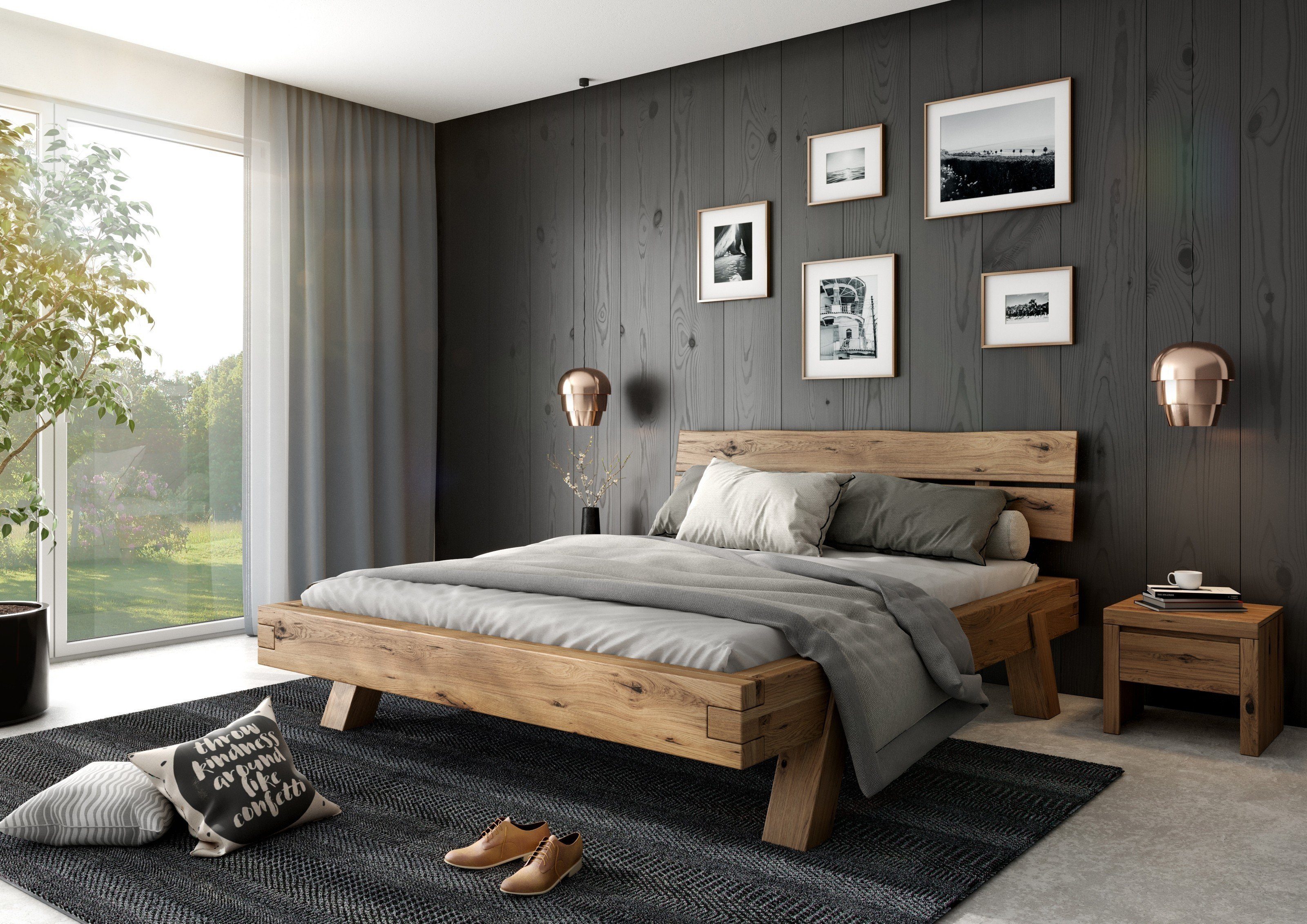 Lebenswert Massivholzbett Heinrich (BxHxT: 204x85x218 cm), aus Massivholz in Eiche rustikal
