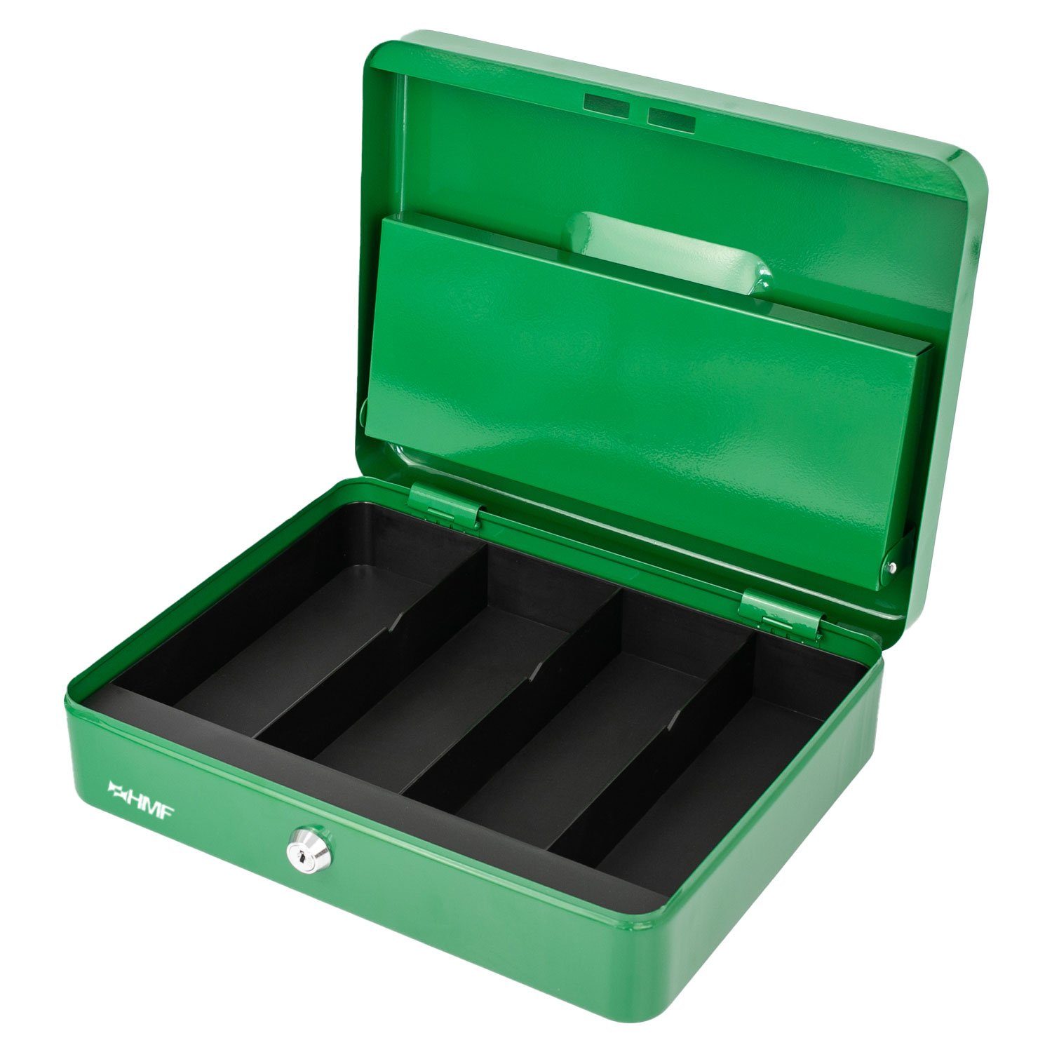 Schlüssel, grün HMF Geldbox Abschließbare robuste und 30,5x24x8,5cm Bargeldkasse mit mit Geldkassette Scheinfach, Münzzählbrett