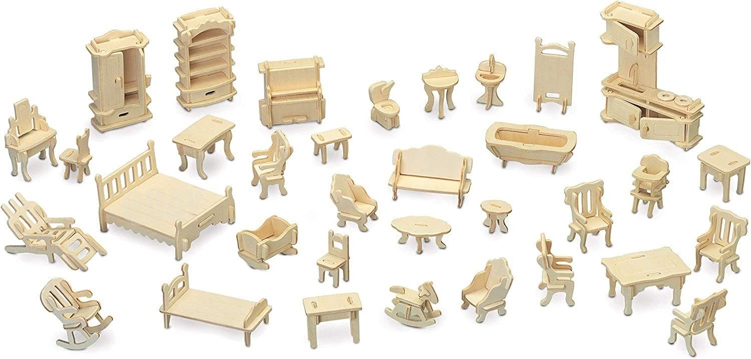 MAVURA Steckpuzzle WoodArt 3D Puppenmöbel Holz Bausatz Mini Puppen Möbel Set, Puzzleteile, Puppenhausmöbel DIY Set 34tlg