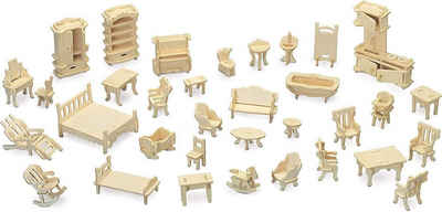 MAVURA Steckpuzzle WoodArt 3D Puppenmöbel Holz Bausatz Mini Puppen Möbel Set, Puzzleteile, Puppenhausmöbel DIY Set 34tlg