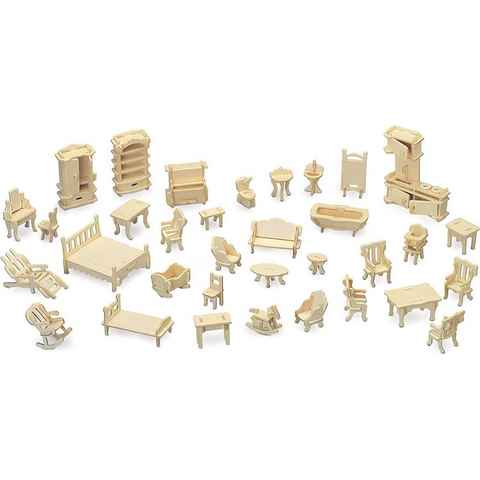 MAVURA Steckpuzzle WoodArt 3D Puppenmöbel Holz Bausatz Mini Puppen Möbel Set, Puzzleteile, Puppenhausmöbel DIY Set 34tlg