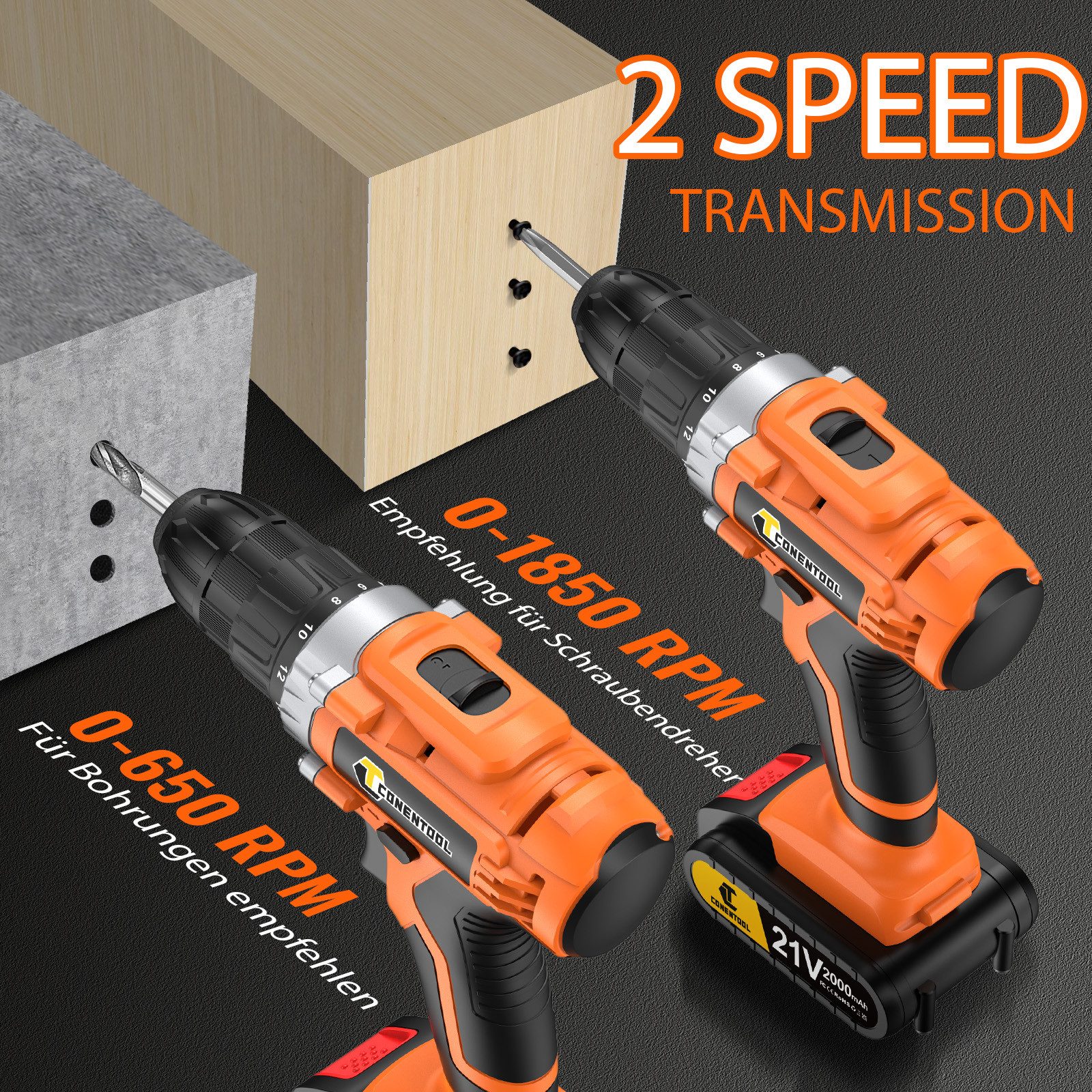 CONENTOOL Akku-Schraubendreher Akkuschrauber Akku-Bohrschrauber 36PCS Bohrmaschine und 2 Akkus, (36-tlg)