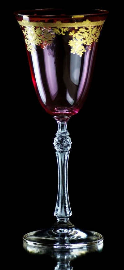 Casa Padrino Weinglas Luxus Barock Weinglas 6er Set Rosa / Gold Ø 9 x H. 21,5 cm - Handgefertigte gravierte und handbemalte Weingläser - Hotel & Restaurant Accessoires - Luxus Qualität