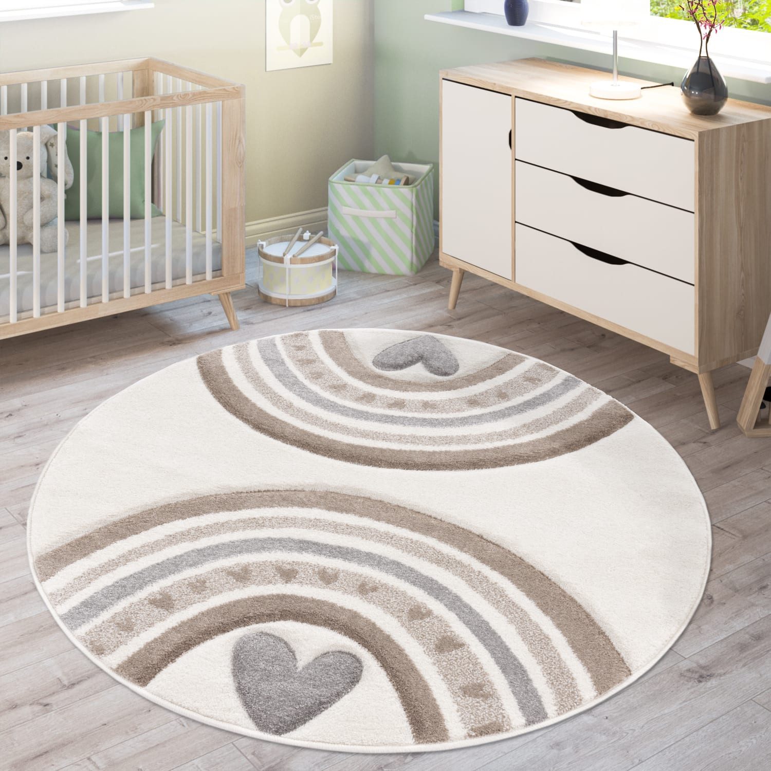 KADIMA DESIGN Kinderteppich Regenbogen mit Herz Kinderzimmer schmutzabweisend Teppich Kinder, Rund, Höhe: 16 mm, Florhöhe: 12 mm, Polypropylen, Rund, 120D, Beige