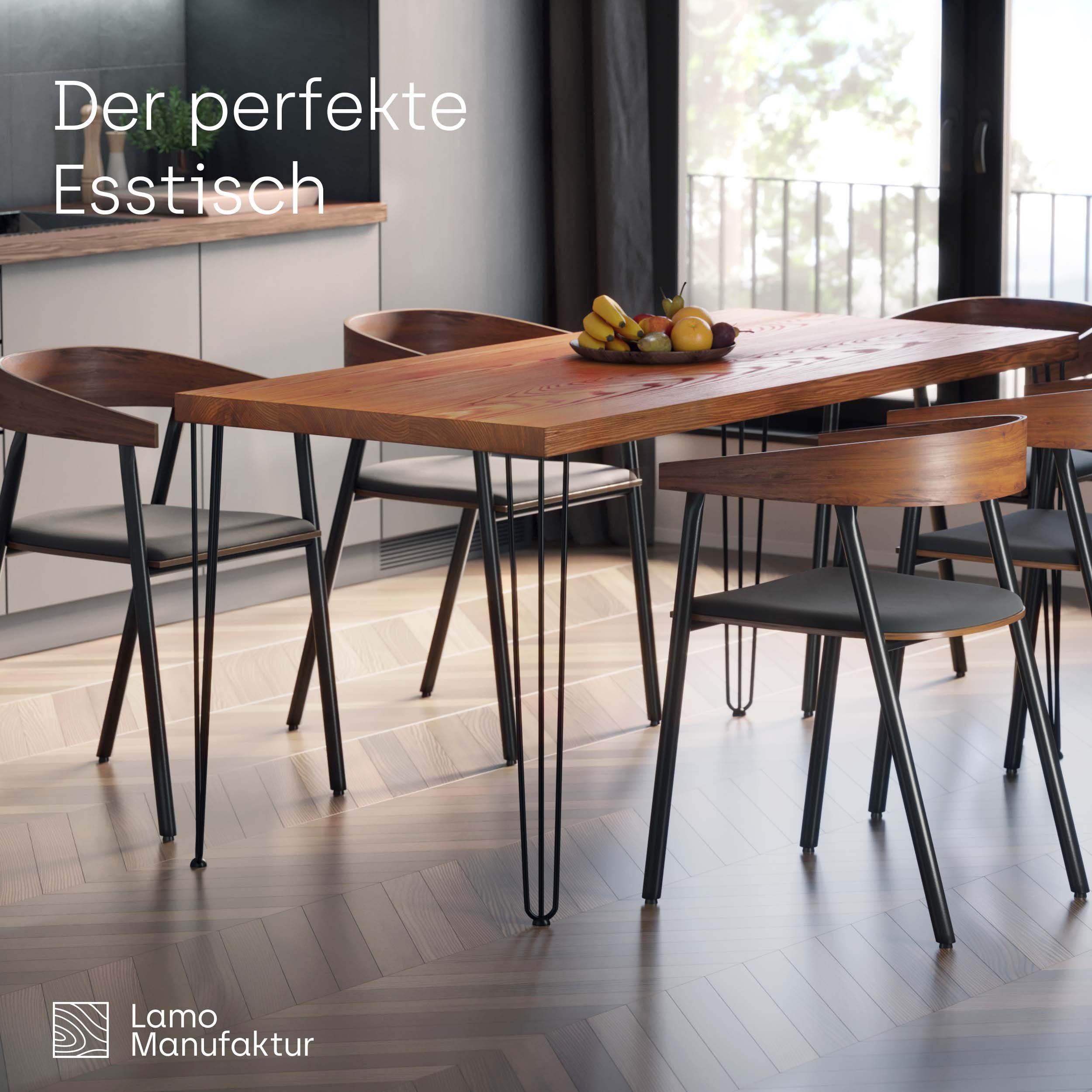 Rustikal LAMO Manufaktur Massivholz Küchentisch Schwarz Esstisch | (1 Tischplatte inkl. gerade Tisch), Metallgestell Kante Creative