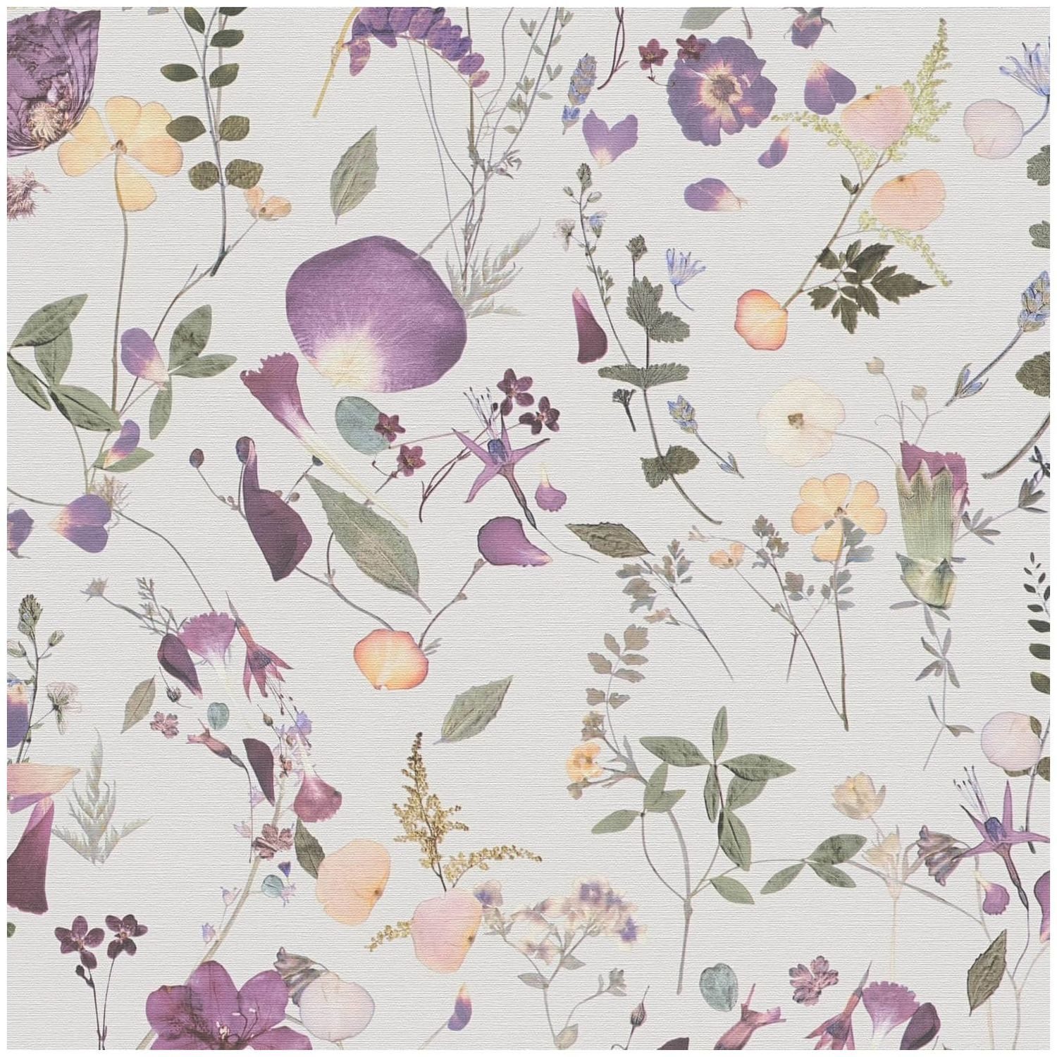 Profhome Vliestapete 397462-GU Blumen Tapete matt violett grün gelb 5,33 m2, leicht strukturiert, matt, (1 Rolle, 5.33 qm), heißgeprägte Vliestapete in violett