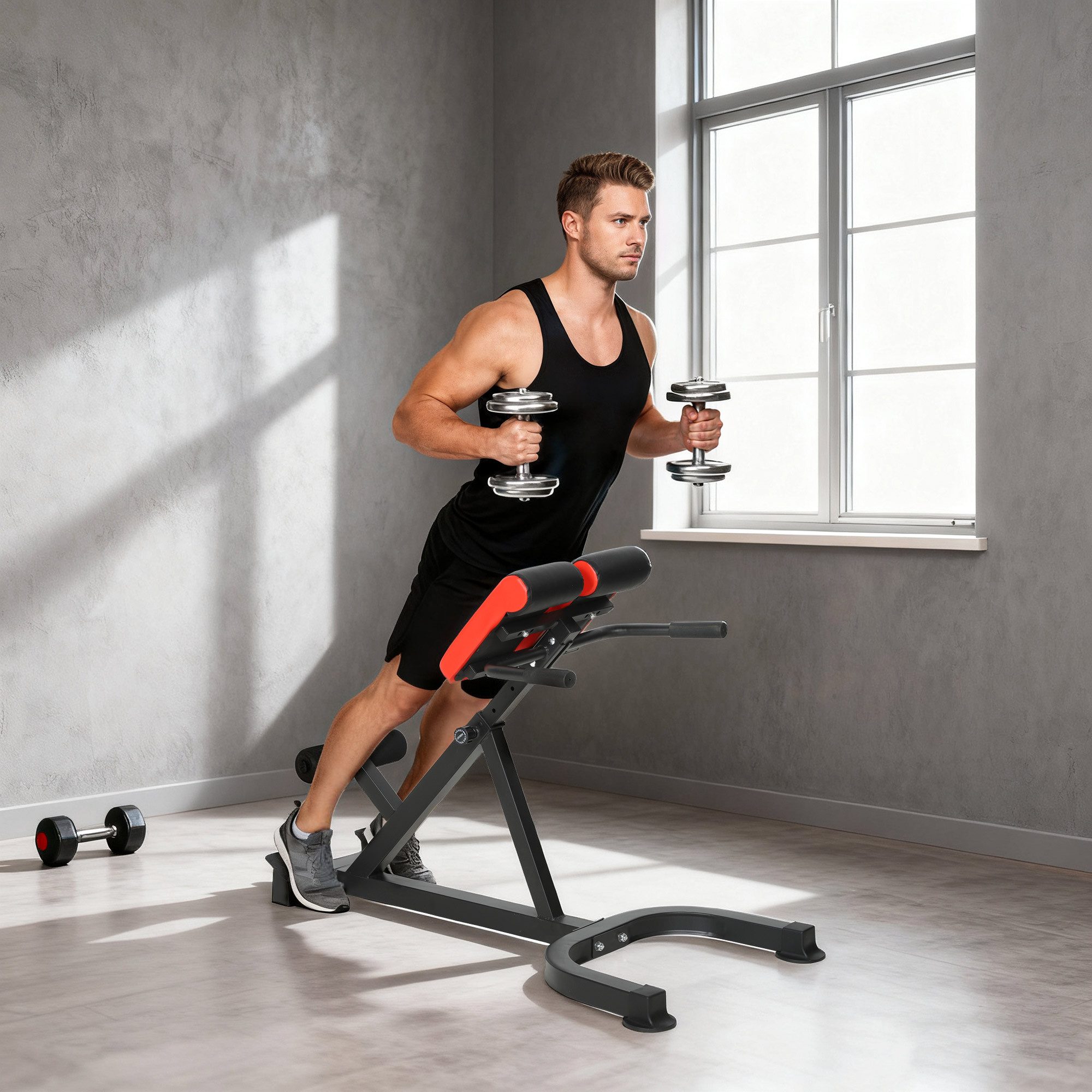 SPORTNOW Hantelbank Römische Bank, Workout Bench mit Beinfixierung und Haltegriffen, (Hyperextension Rückentrainer, 1-tlg., Höhenverstellbar Bauchtrainer), bis 120 kg, Rückenstrecker für Zuhause, Fitness