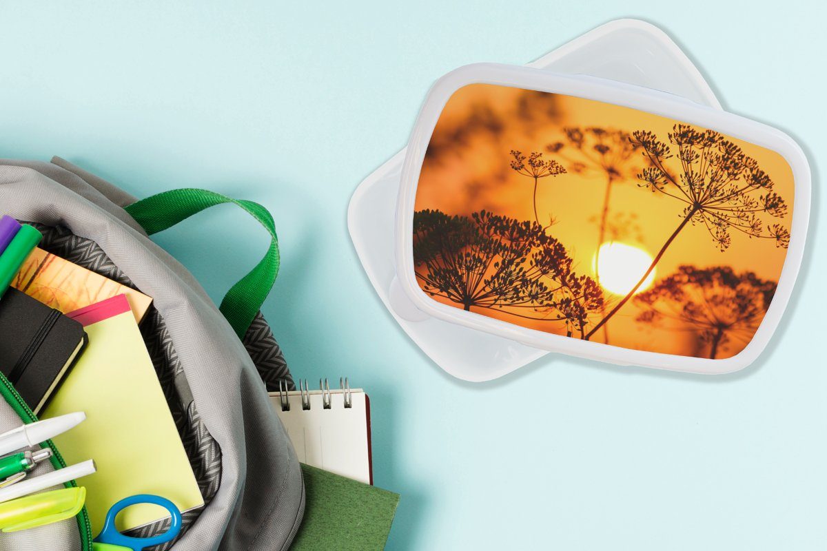 MuchoWow Lunchbox Brotbox Kunststoff, für weiß Blumen Jungs Orange, und Brotdose, Mädchen - (2-tlg), - Erwachsene, Sonnenuntergang Kinder für - und Pflanzen