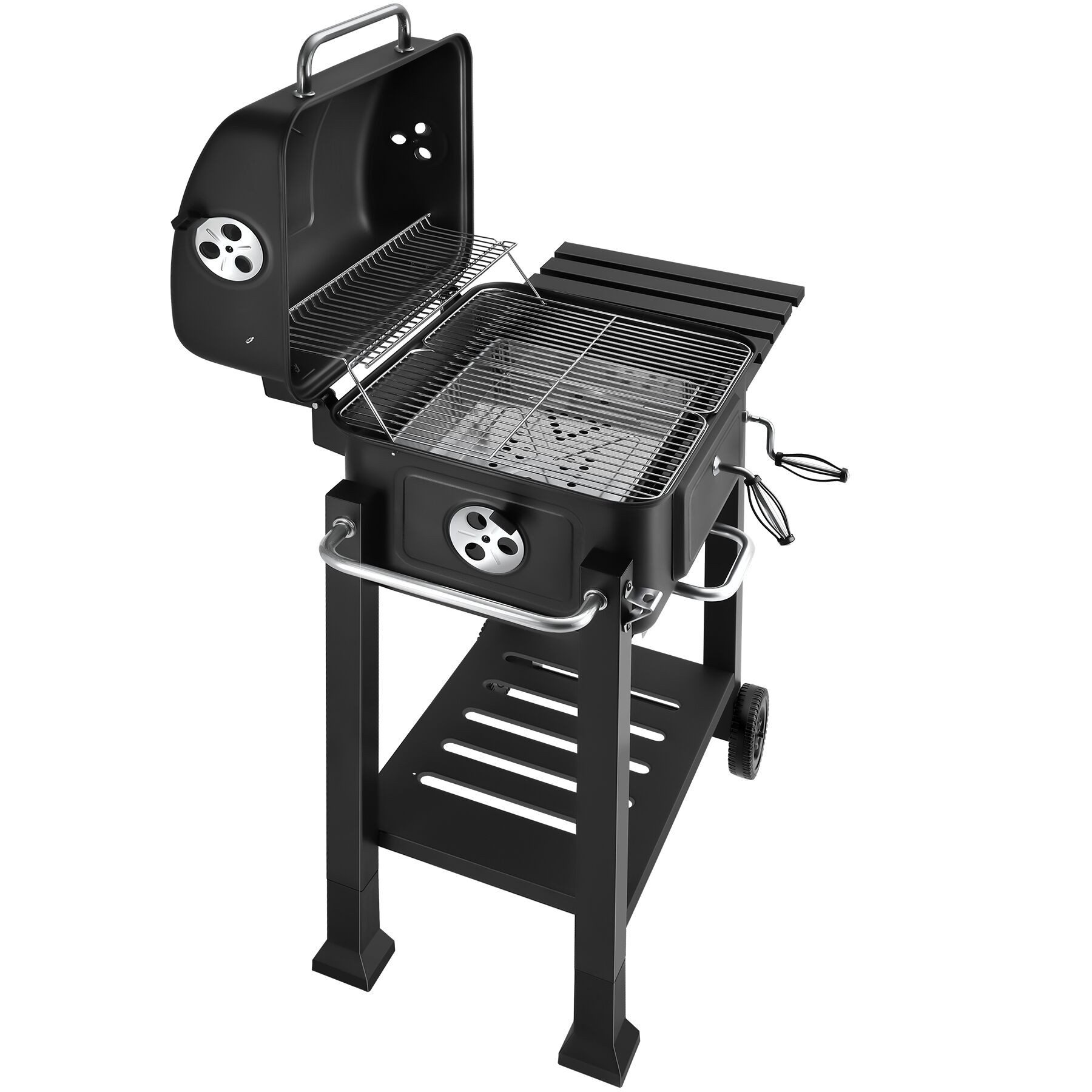 tectake Holzkohlegrill Grillwagen mit 2 Rädern, regulierbare Luftzufuhr, 110 x 64 x 104 cm, Standgrill Florian, in schwarz, mit Thermometer, Warmhalterost und klappbare Seitenablage mit 3 Haken