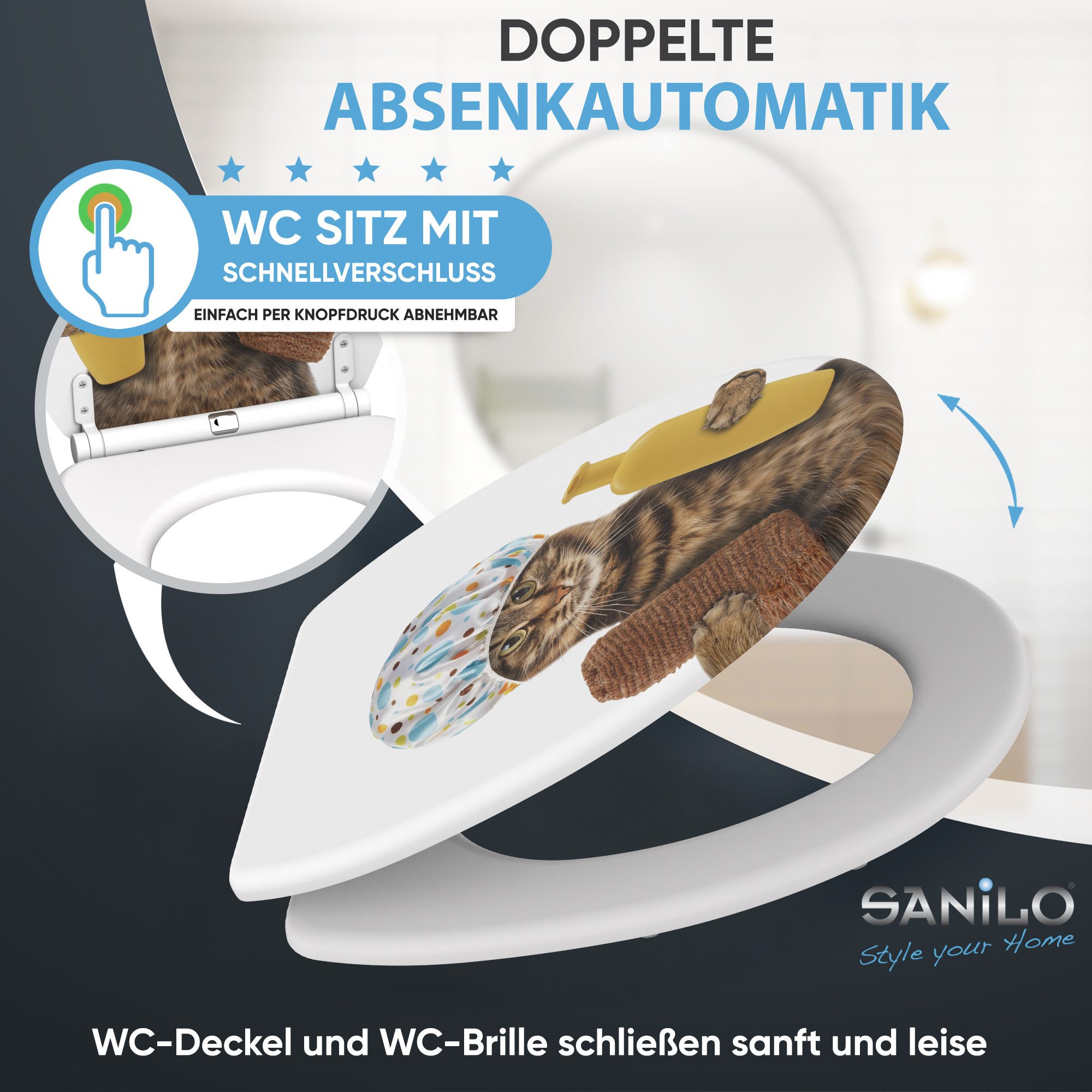 Sanilo WC-Sitz Shower Cat mit Absenkautomatik & Quick Release, Premium Toilettendeckel, abnehmbar, leichte Montage von oben