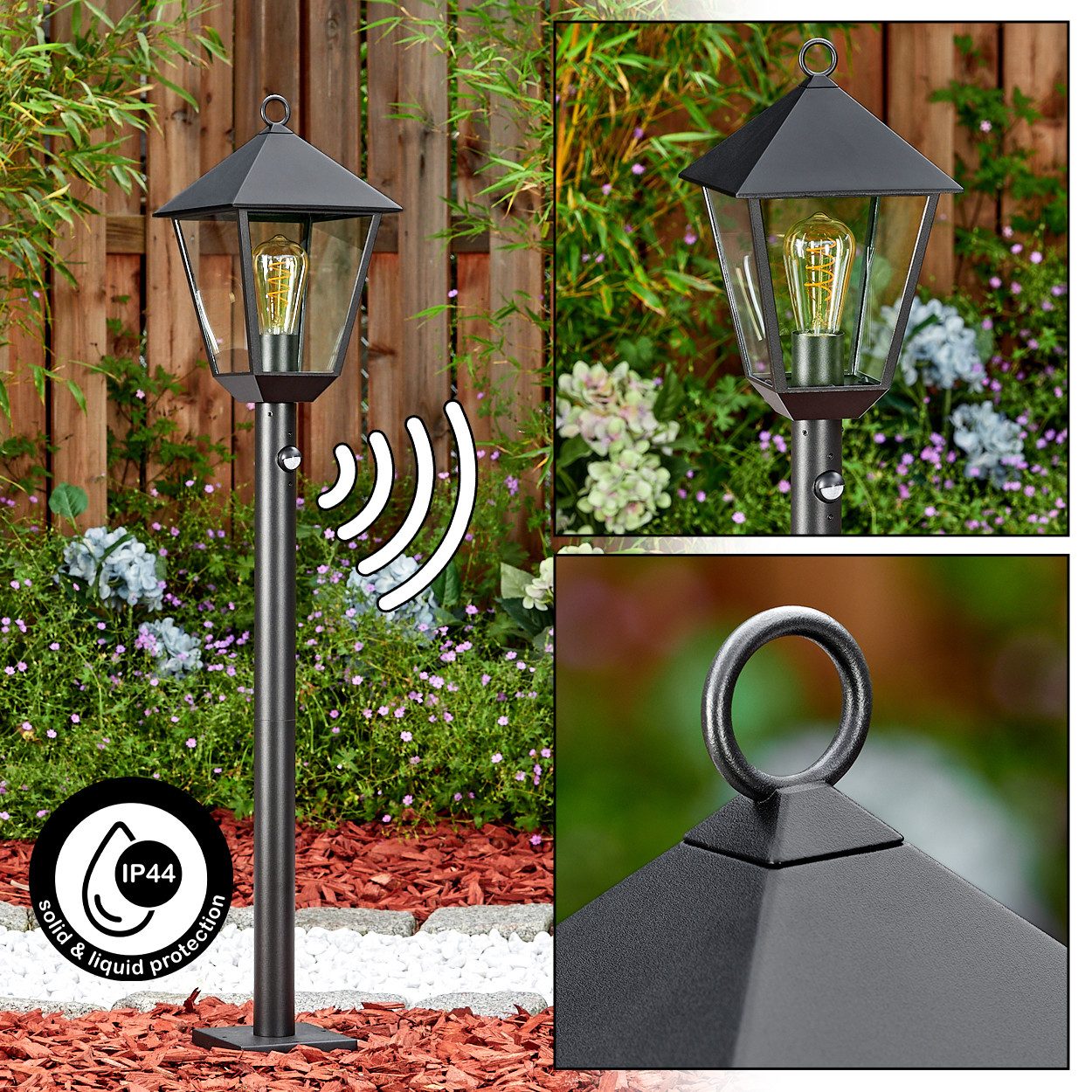 hofstein Pollerleuchte Wegeleuchte m. Bewegungsmelder aus Metall/Glas in Schwarz/Klar, ohne Leuchtmittel, antike Außenleuchte, Gartenlampe, Gartenbeleuchtung IP44, 1 x E27