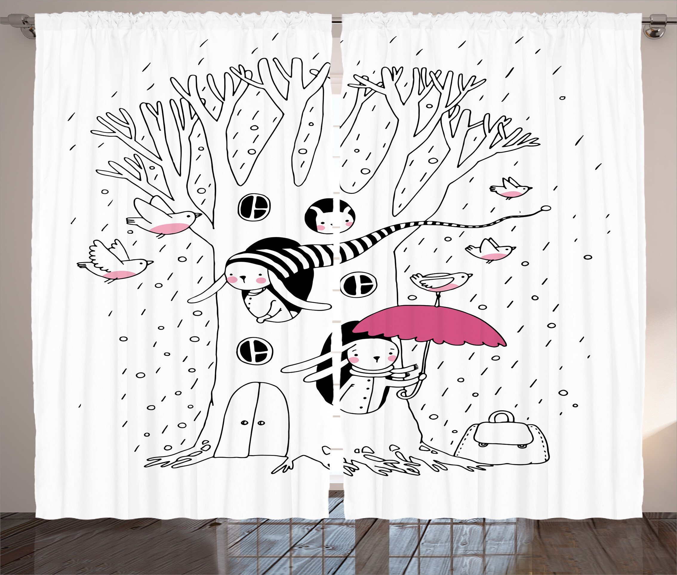 Vorhang Baum Kids und Kaninchen Schlafzimmer mit Abakuhaus, Kräuselband Gardine Haken, Rainy Vögel Schlaufen