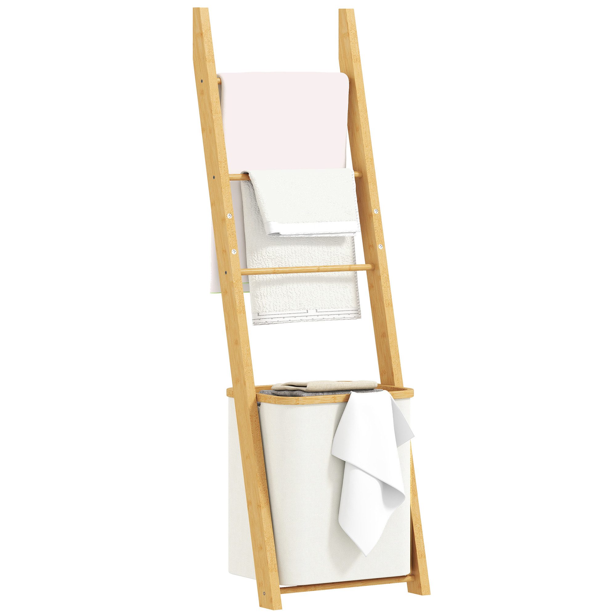 HOMCOM Badregal Handtuchhalter Handtuchständer mit 48L-Wäschekorb, Handtuchleiter, 2-in-1 Badezimmerregal 1-tlg., aus Bambus für Wohnzimmer, Badezimmer, Cremewe – Bild 2 von 5