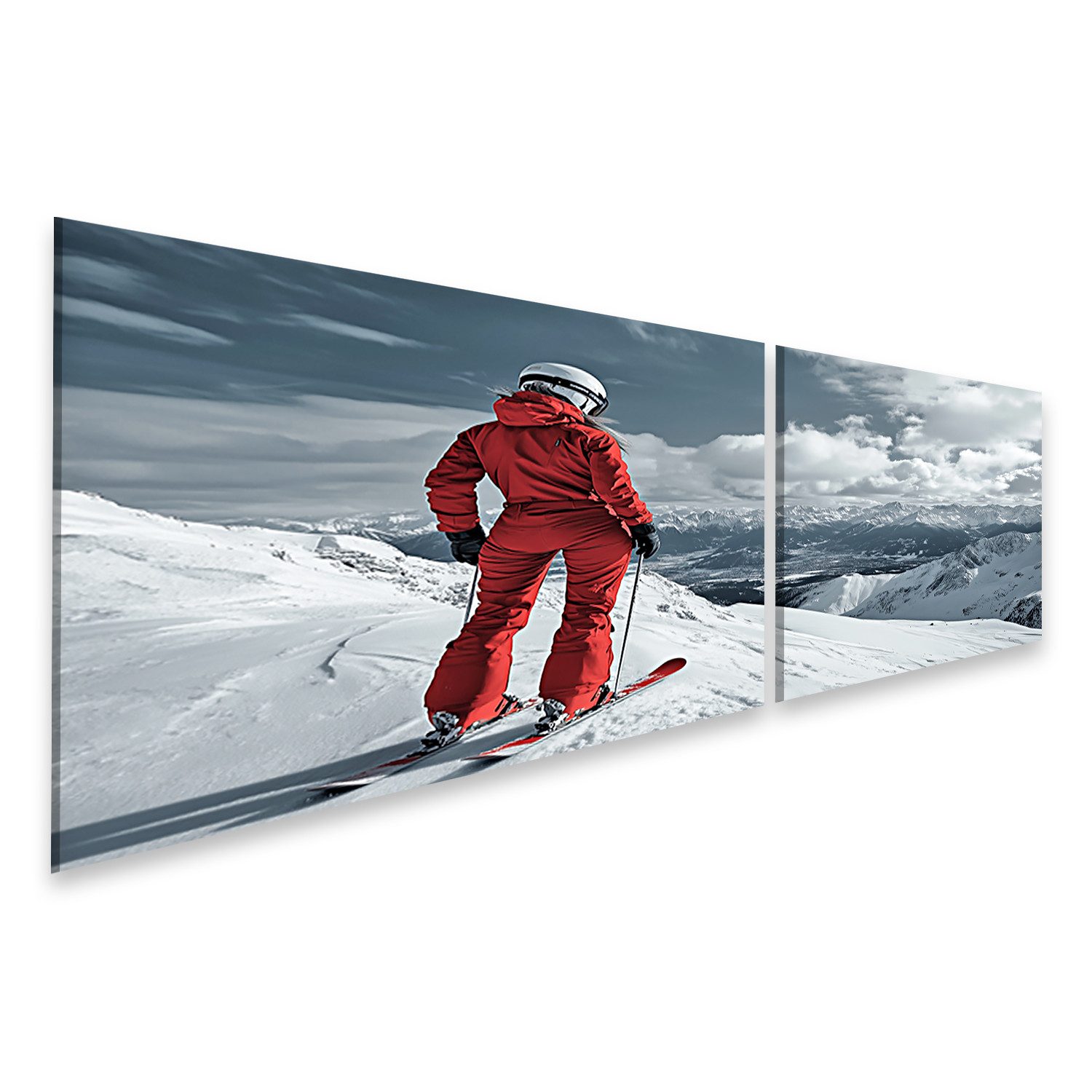 islandburner Leinwandbild Skifahrer blickt auf verschneite Berglandschaft