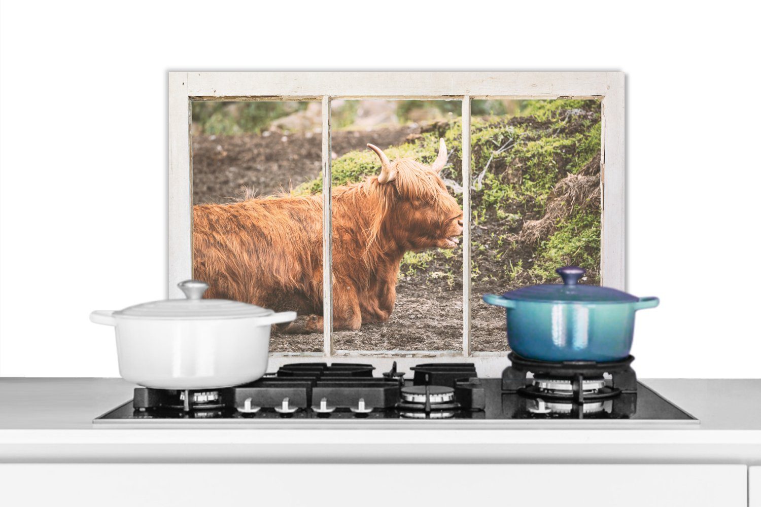 MuchoWow Küchenrückwand Schottische Highlander - Ansicht - Natur, (1-tlg), 60x40 cm, Herdblende aus Wandschutz, Temperaturbeständig küchen