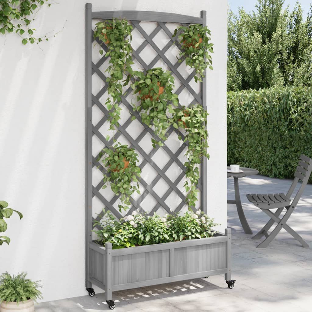 vidaXL Blumentopf Pflanzkübel mit Rankgitter und Rollen Grau Massivholz