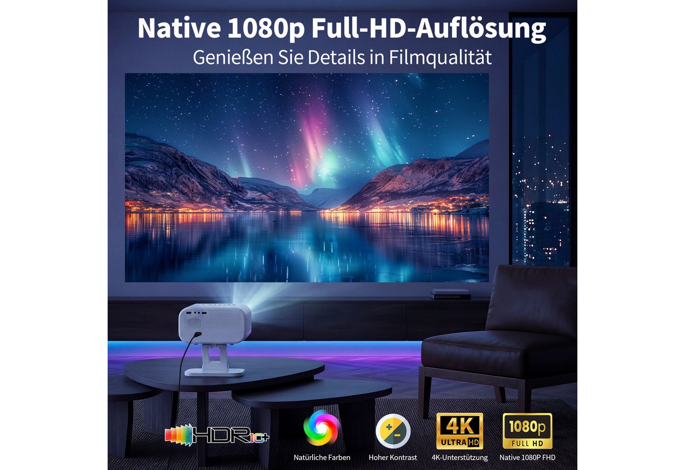 ZOOMCAT Beamer 4K Heimkino Mit Netflix Zertifizierung (Autofokus)Mit Ständer Beamer (25000 lm, 25000 : 1, 3840x2160 px, Auto Fokus, Auto Trapezkorrektur, Auto Hindernisvermeidung) weiß