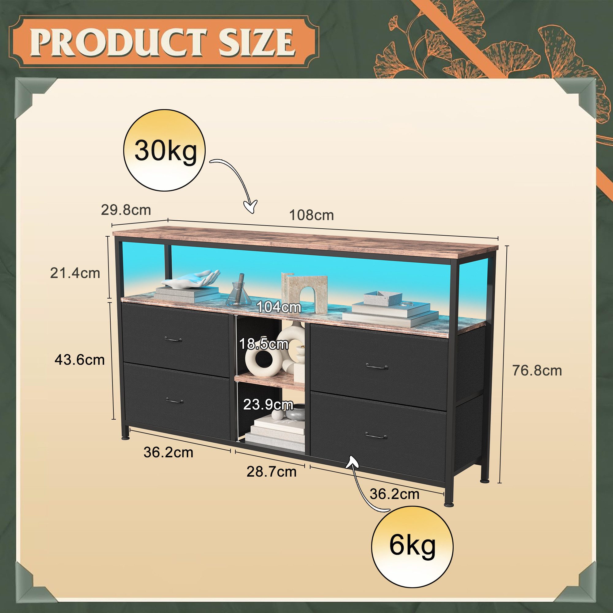 BELUPAI Lowboard TV Schrank mit LED und Schubladen (Set, 1 St., Fernsehschrank Kommode mit 4 Schubladen aus Stoff), für Fernseher Bis Zu 40 Zoll, für Wohnzimmer – Bild 5 von 5