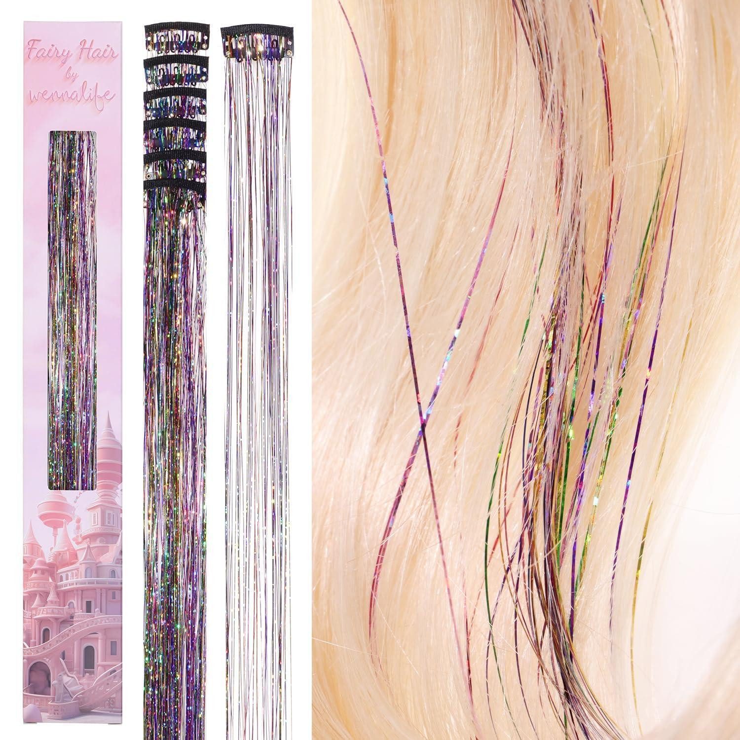 LuxusKollektion Kunsthaar-Extension Haar Lametta Clip In Rainbow Glitzer 60cm - 6 Clips C-#Rainbow