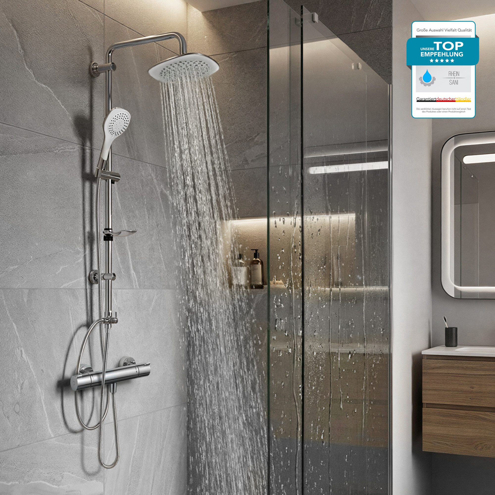 hansgrohe Duscharmatur Duschsystem mit Thermostat Ecostat 1001CL, Regendusche oder Handbrause (Spar-Set) EcoStop & 40°C Sicherheitssperre, Armatur in chrom, Wandmontage