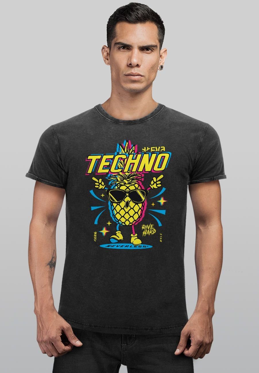 Printshirt Ananas Vintage Herren Tanzen schwarz Print-Shirt Party Rave Lustig Print Techno mit Shirt Neverless