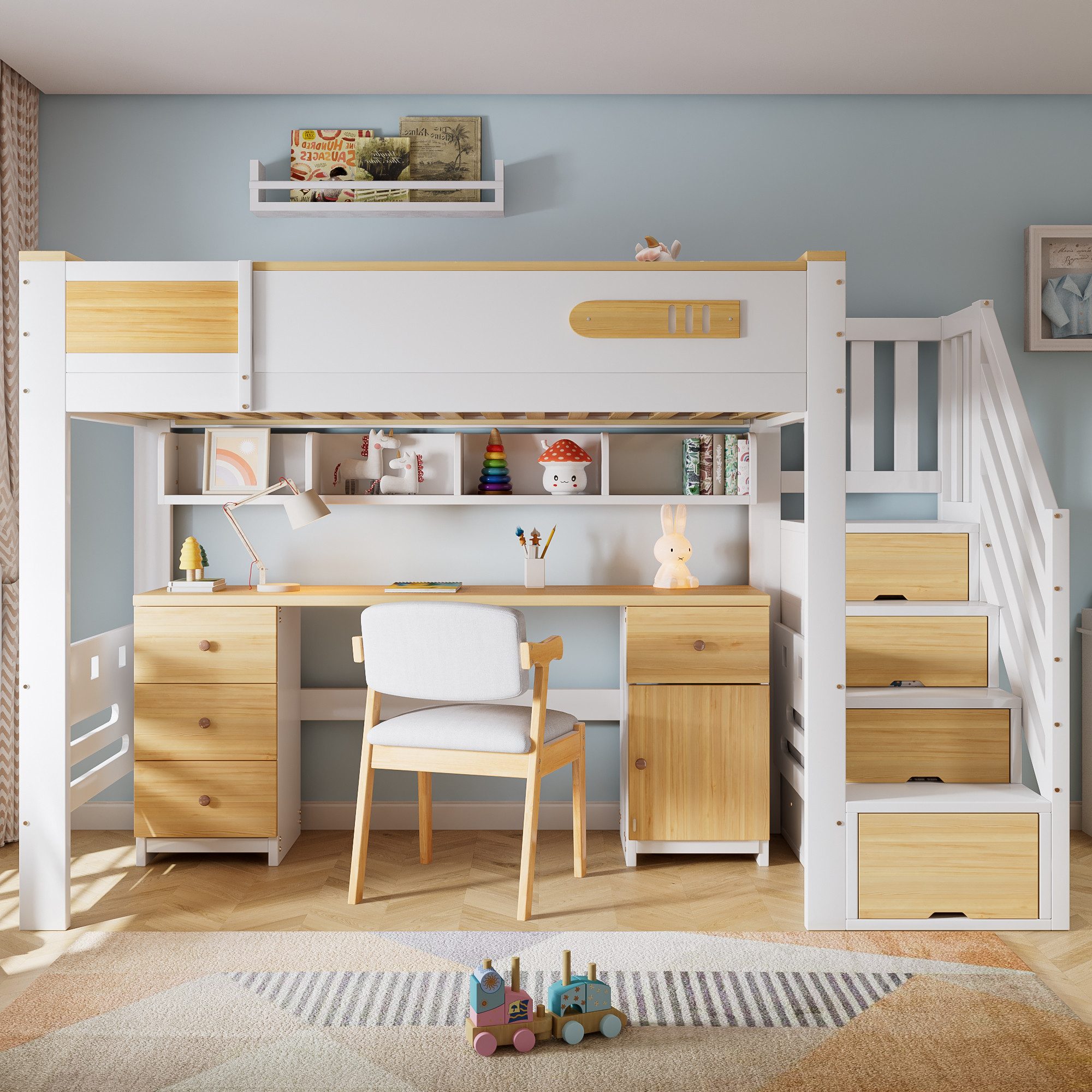 Flieks Hochbett Kinderbett 90x200cm mit Stauraumtreppe, Schreibtisch, Hängeregal