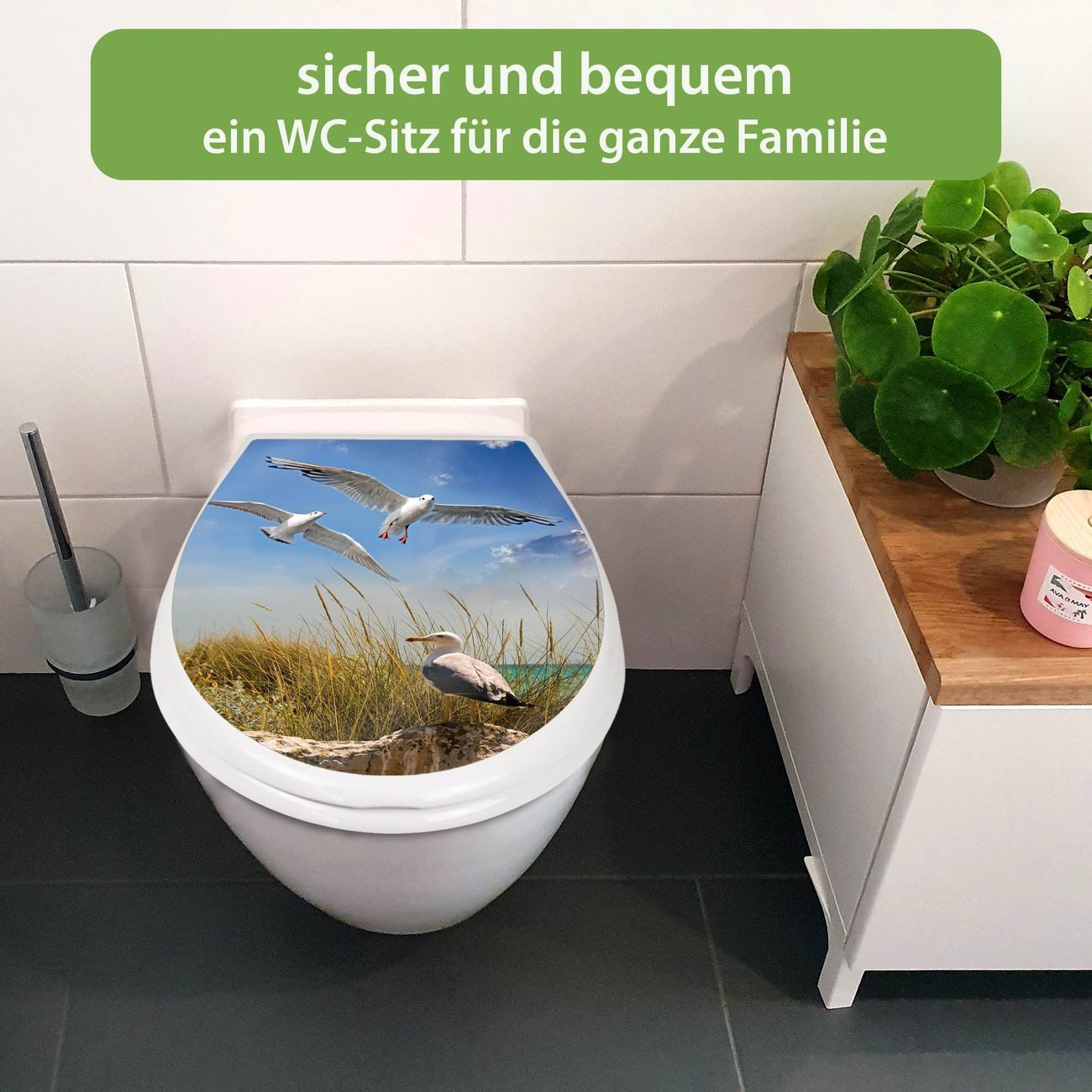 banjado WC-Sitz mit Kindersitz Motiv Möwen (mit Kindersitz, integrierte Scharniere), 44,9 x 37,1 x 5 cm