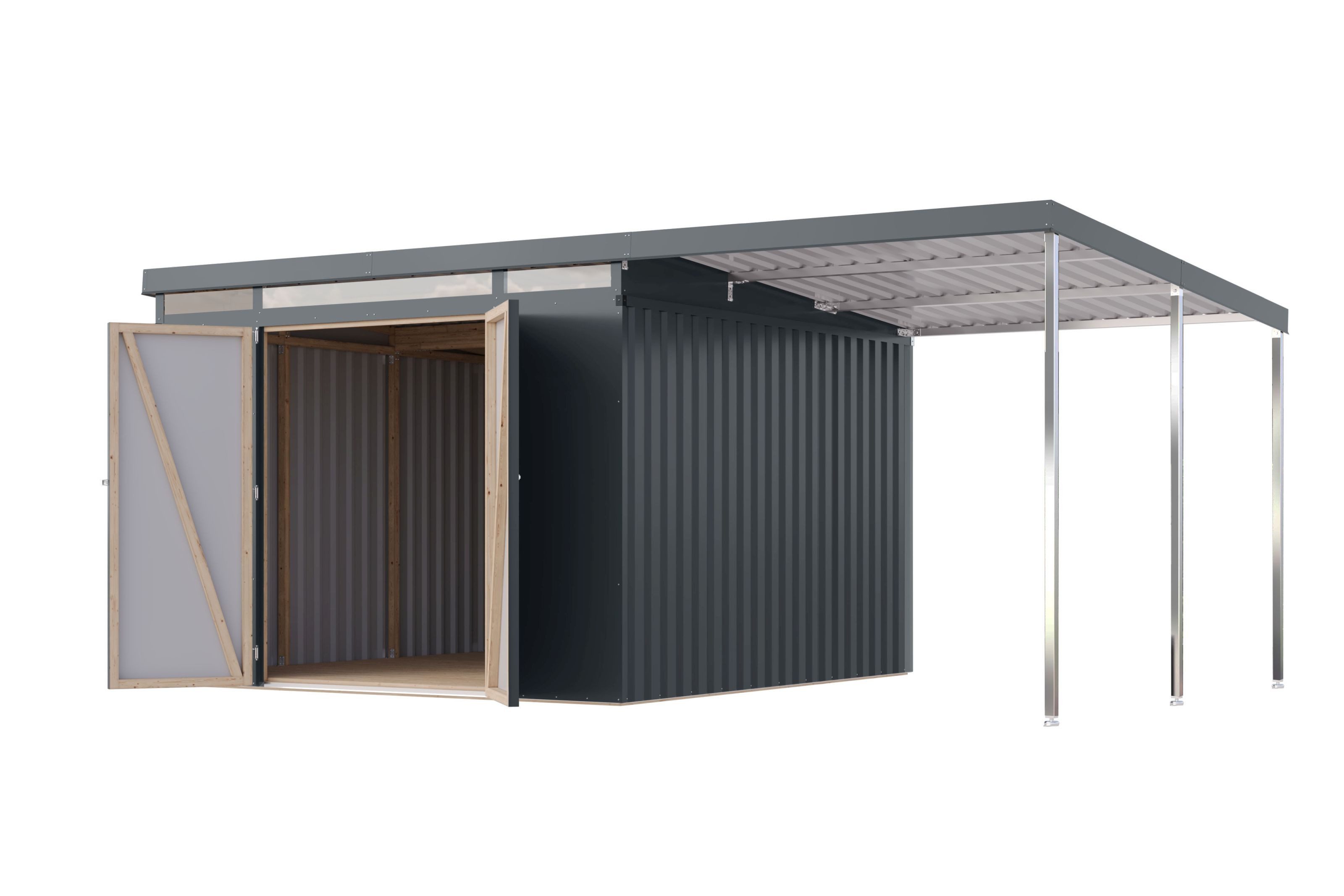 Karibu Gerätehaus Saltley Geräteschuppen Metallhaus, BxT: 497x292 cm, (XXL,inkl. Anbaudach, anthrazit), Pultdach, 0,5mm Trapezblech, beschichtet