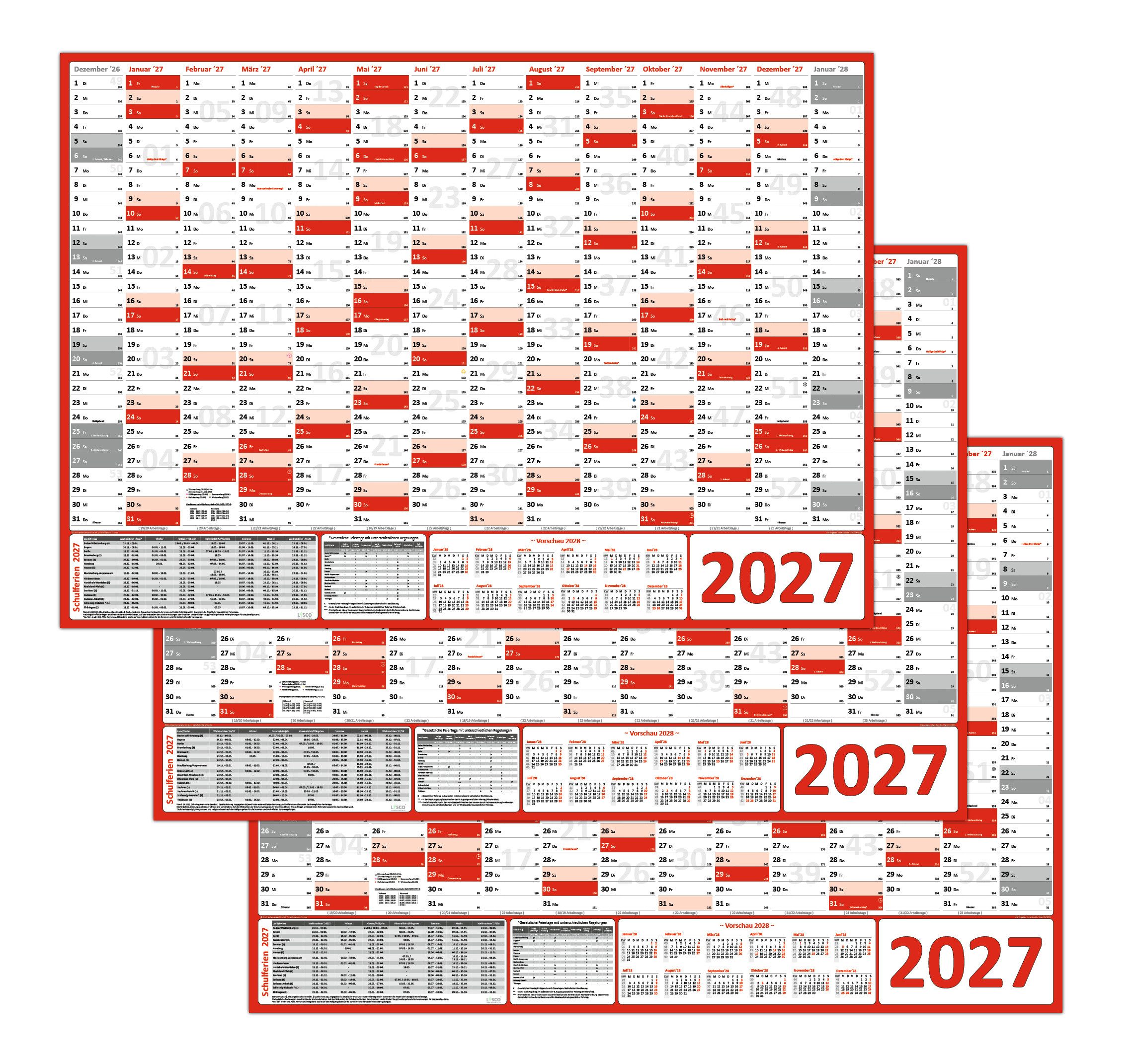 LYSCO Wandkalender Wandplaner DIN A0 / DIN A1 2027 (rot), Formate: DIN A0 (841 x 1189 mm) / DIN A1 (594 x 841 mm) Darstellung 14 Monate mit Jahresvorschau Folgejahr, und Ferientermine / Feiertage aller Bundesländer