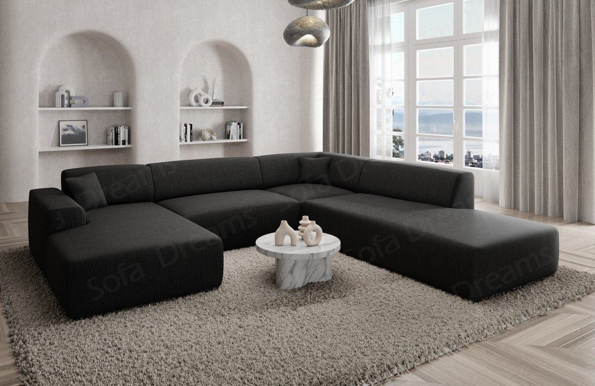 Sofa Dreams Wohnlandschaft Designer Strukturstoff Sofa Mallorca U Lounge Stoffsofa Modern, U-Form Loungesofa schwarz99
