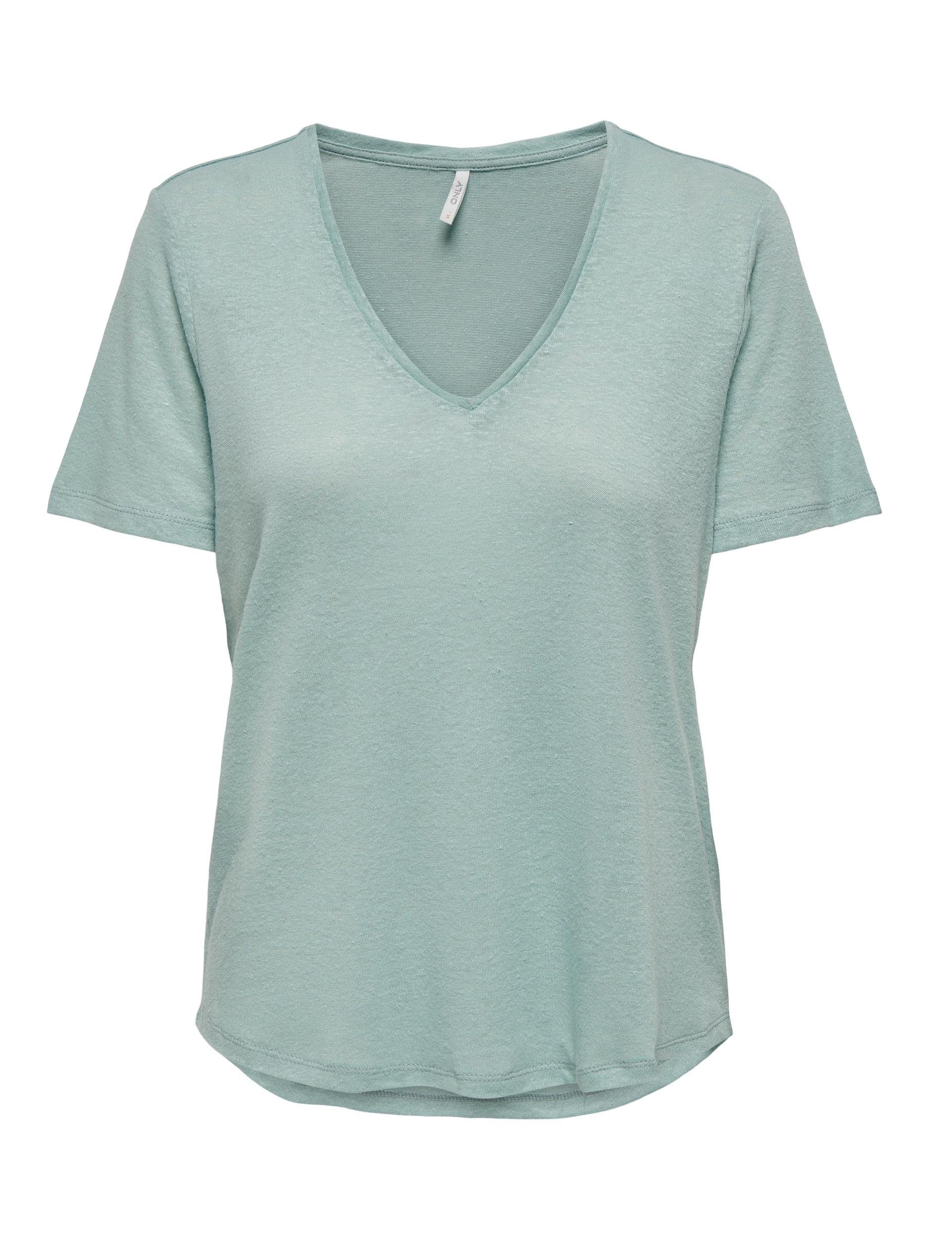 ONLY V-Shirt ONLTEA S/S LINEN V-NECK TOP JRS NOOS mit Leinen Aquifer | V-Shirts