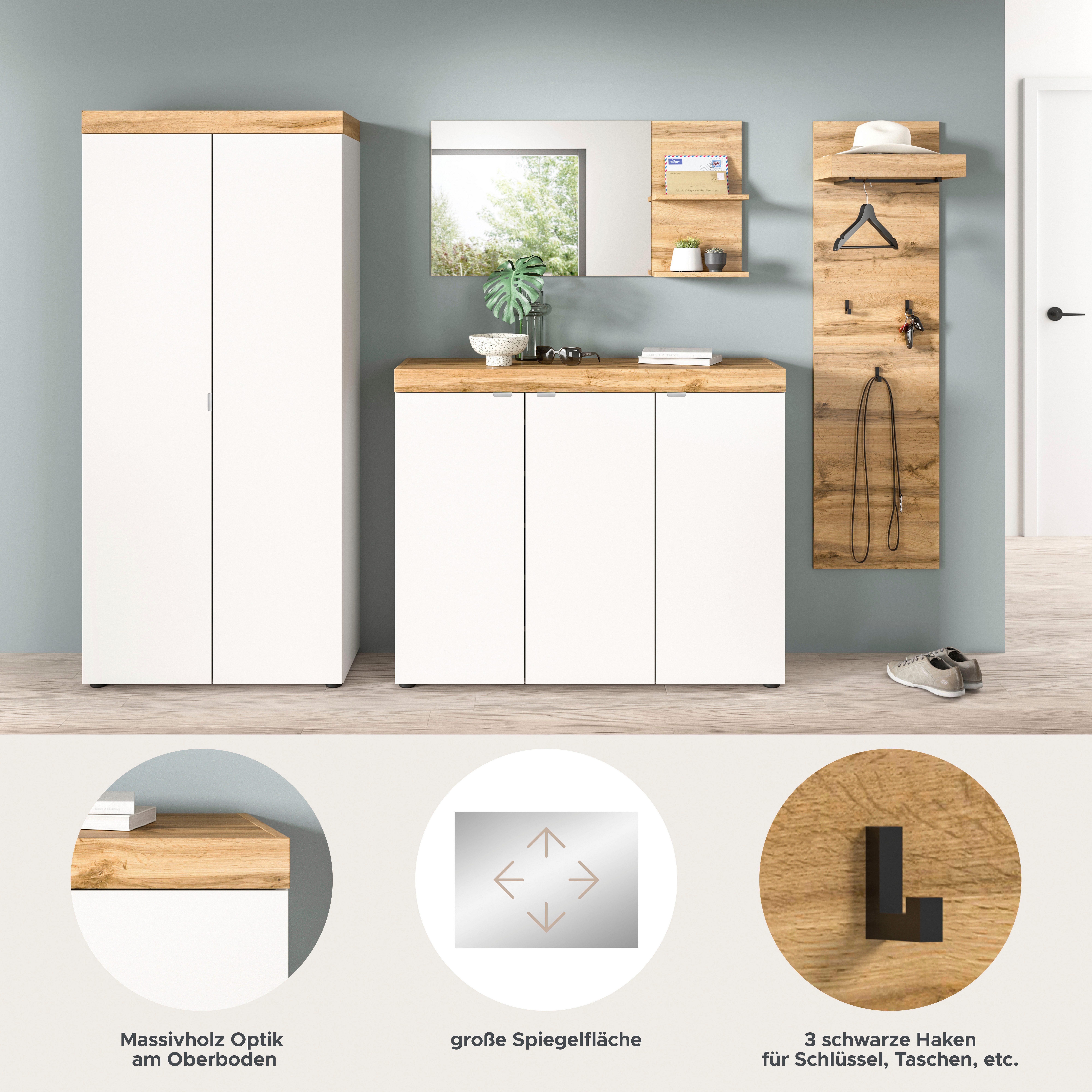OTTO home Garderoben-Set MAMBO II, 4-teilig, TOPSELLER!, hängend oder stehend montierbar, (4-St., bestehend aus: Schuhschrank, Schuhkommode, Spiegel & Paneel),  – Bild 3 von 5