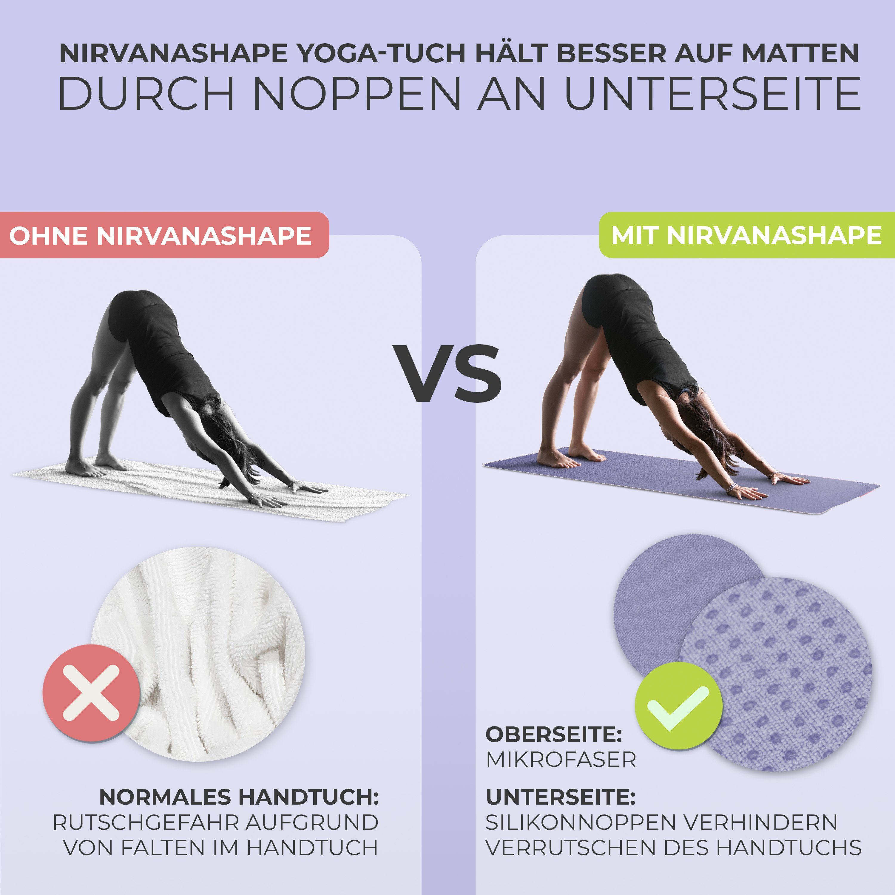 NirvanaShape Sporthandtuch Yoga Handtuch mit Antirutsch-Noppen, Yogatuch-Auflage für Yogamatte, Microfaser, +Yoga Einführungs eBook, Yogatuch-Auflage Saugstark, – Bild 2 von 5