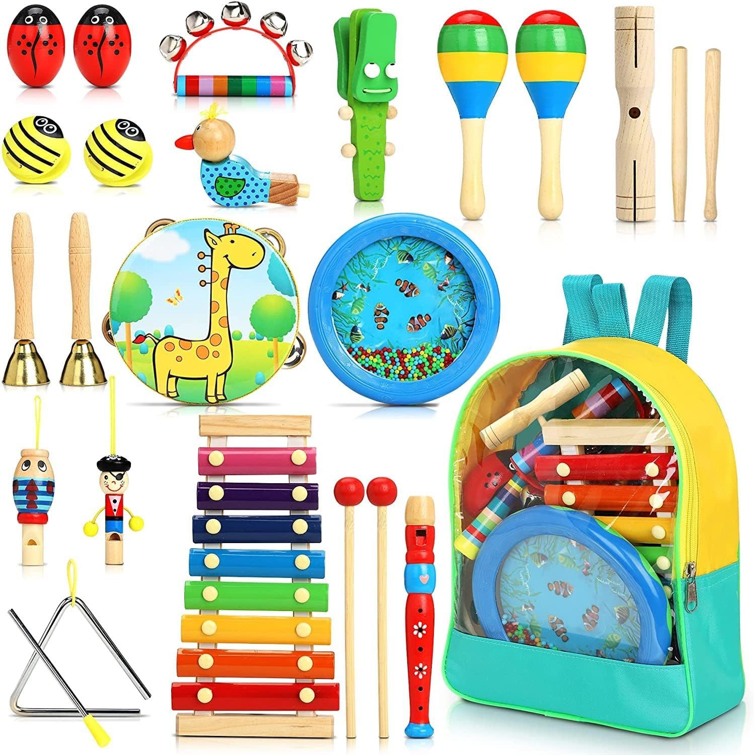 Ophy Spielzeug-Musikinstrument 24-teiliges Holz-Percussion-Set – Musikinstrumente, (1 tlg), für Kinder ab 3 Jahren, ideales Geschenk für Jungen & Mädchen