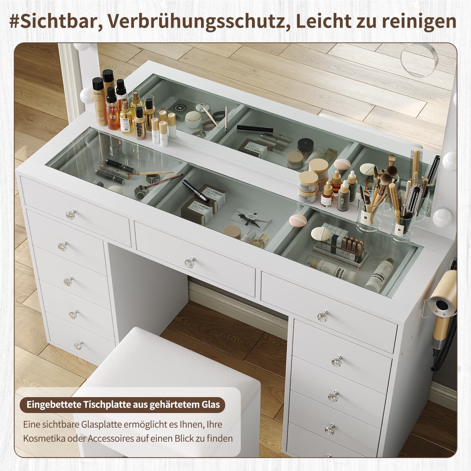 Yanosaku Schminktisch mit Spiegel & LED-Beleuchtung, 11 Schubladen & 12 dimmbaren LEDs (1-St., mit Hocker), Ideal für Make-up & Kosmetikablage, 105x40x142cm