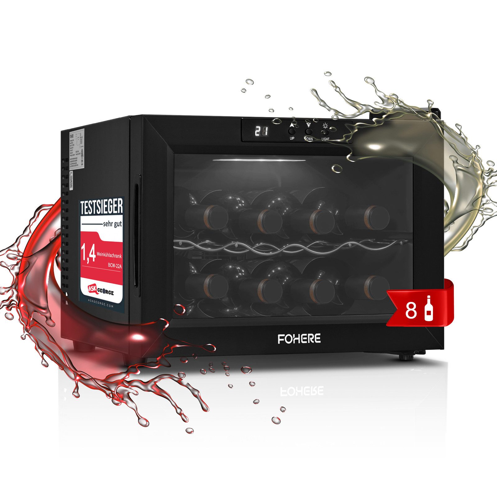 FOHERE Weinkühlschrank mit 22L Fassungsvolumen für 8 Flaschen Temperatur von 8°C bis 18°C,mit LCD und höhenverstellbare Füße