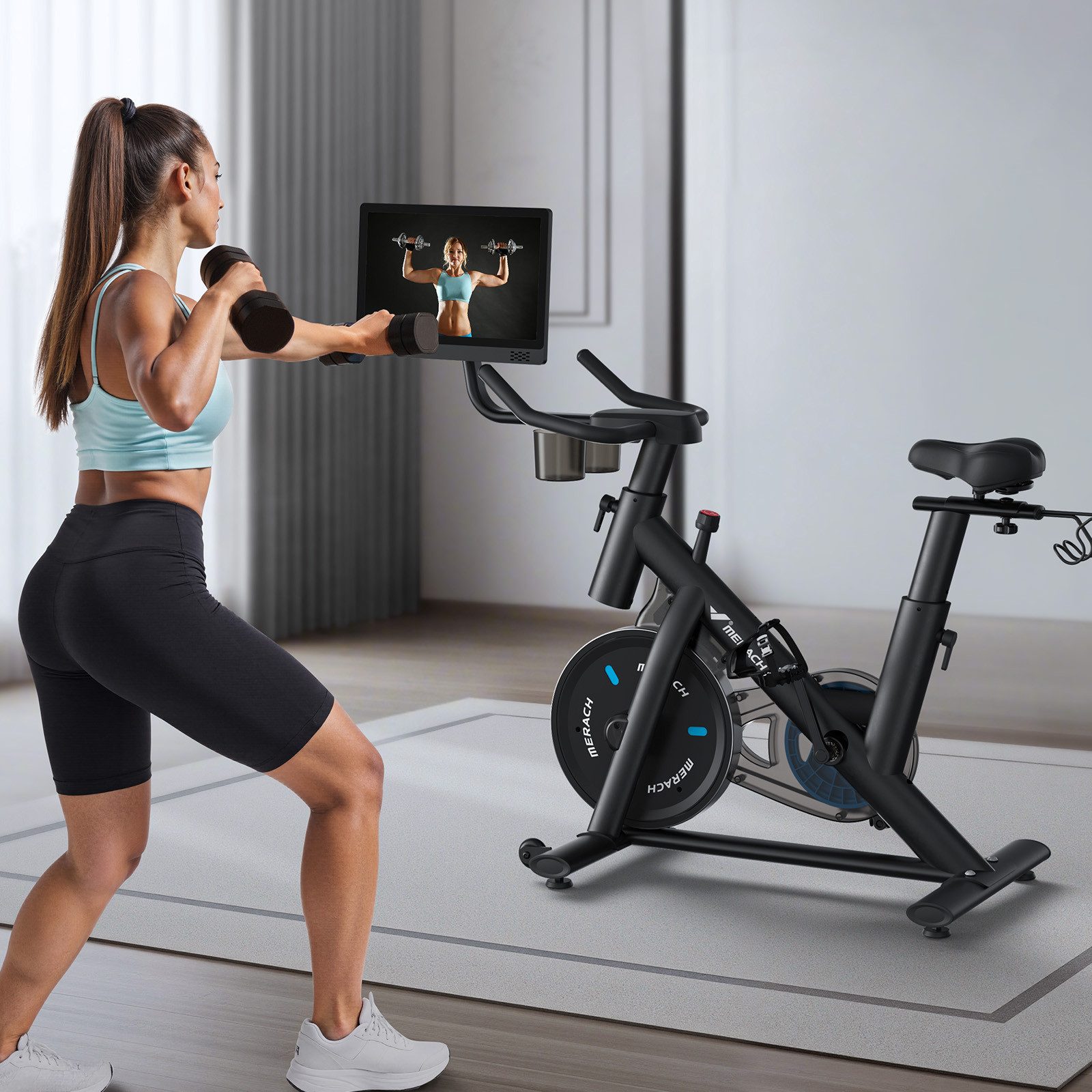 MERACH Heimtrainer Fahhrad für Zuhause, Leise Hometrainer Fahrrad mit APP (Fahrradtrainer mit HD-Screen, Bluetooth, Kinomap&Zwift kompatibel, 1-tlg., Stationäres Fahrrad mit verstellbare Sitz, Wasserflasche-Halter), Magnetischer Widerstand, 8 Widerstandsstufen, bis 136 KG belastbar