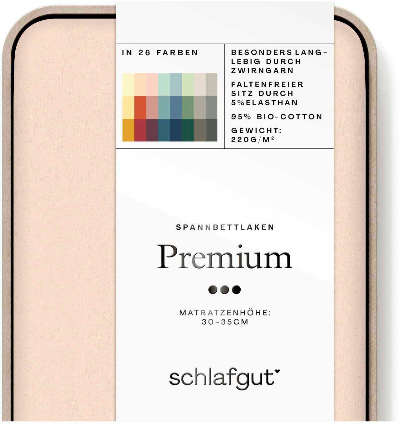 Schlafgut Spannbettlaken PREMIUM Mako-Zwirn-Jersey, 220 g/m², 95% Bio-Baumwolle, 5% Elasthan, Mako-Zwirn-Jersey, Gummizug: rundum, (1 Stück), Bettlaken bis 30 cm Höhe, PREMIUM-Qualität langlebig, perfekter Sitz