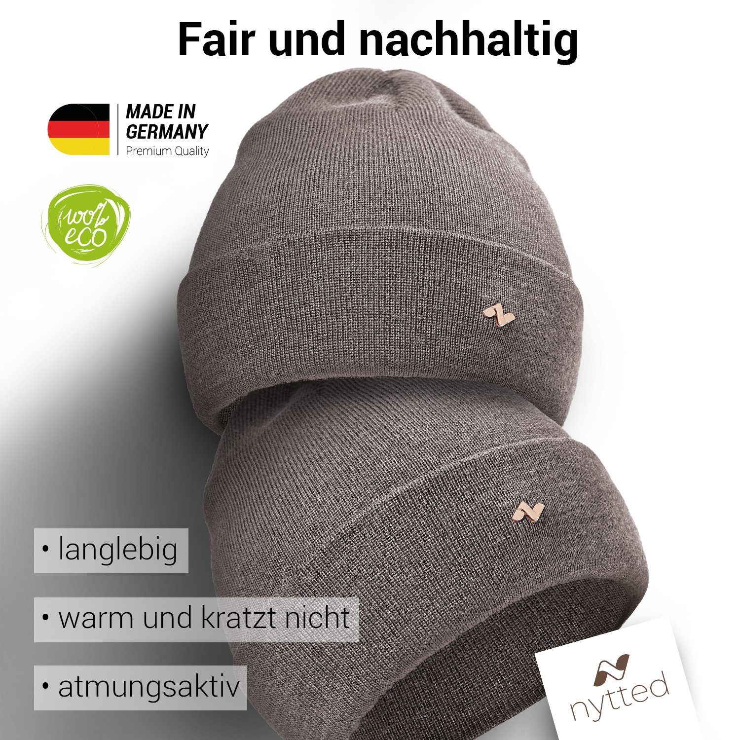 Germany taupe - 100% Merino-Wolle Beanie Damen Made - Herren Wintermütze für - in NYTTED® &