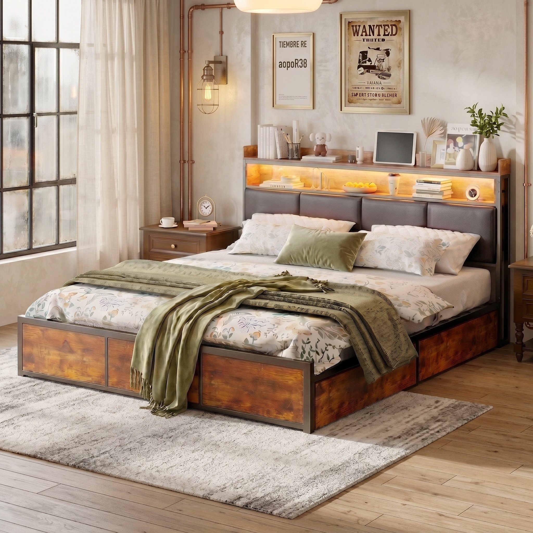 Simurq Bettgestell Doppelbett 180x200 cm mit 4 Schubladen (Set, 1-tlg) (Polsterbett 180x200 mit LED Beleuchtung,Ohne Matratze), Stauraumbett 160x200 mit Lattenrost und gepolstertem Kopfteil