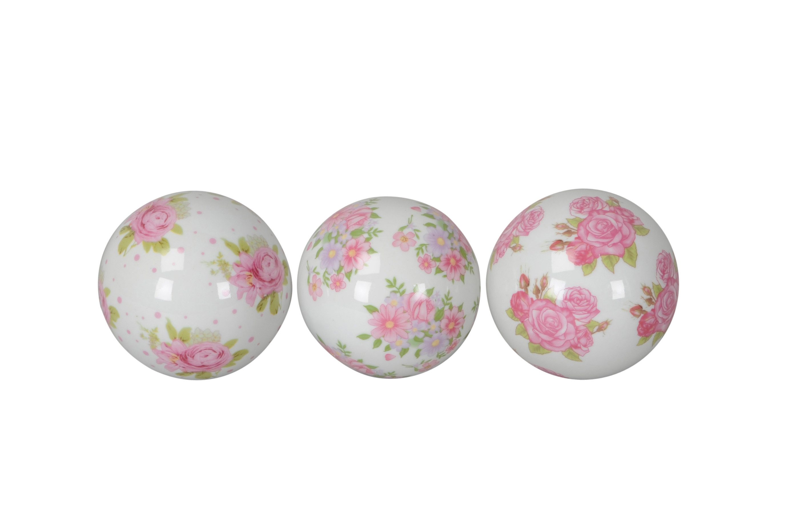 finehomegarden Teichfigur Schwimmkugel weiß/rosa Ø8cm/Ø10cm Blüten Porzellan 3er Set Deko, (Set, 3-St., 3tlg), Schwimmende Deko Kugeln für Teich & Wasserschalen 2Größen wählbar