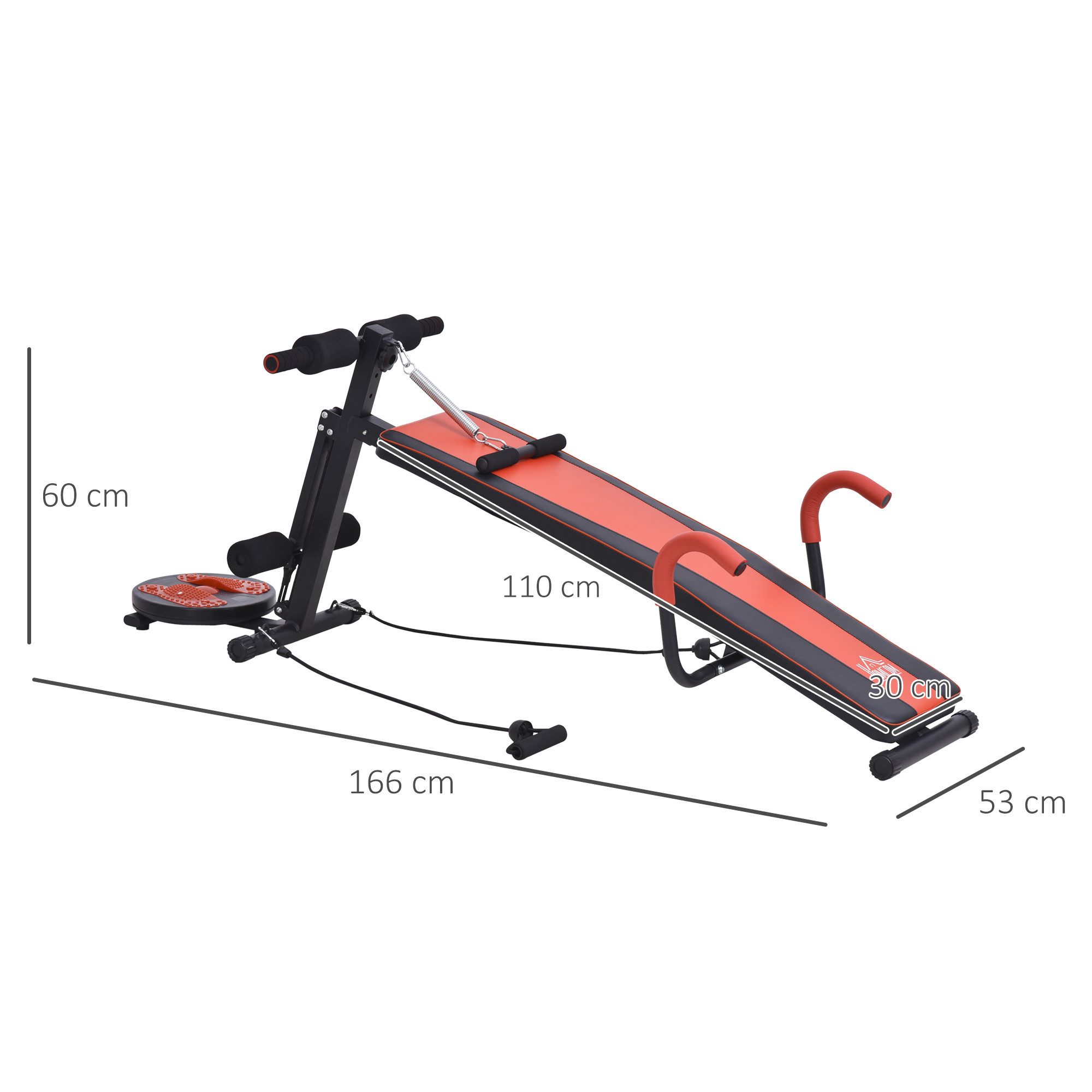 HOMCOM Bauchtrainer Sit Up Bank Bauchtrainer Verstellbar Gepolstert (Trainingsbank, 1-St., Fitnessbank), mit Widerstand 120 kg Belastbarkeit Rot+Schwarz 166 x 53 x 60 cm