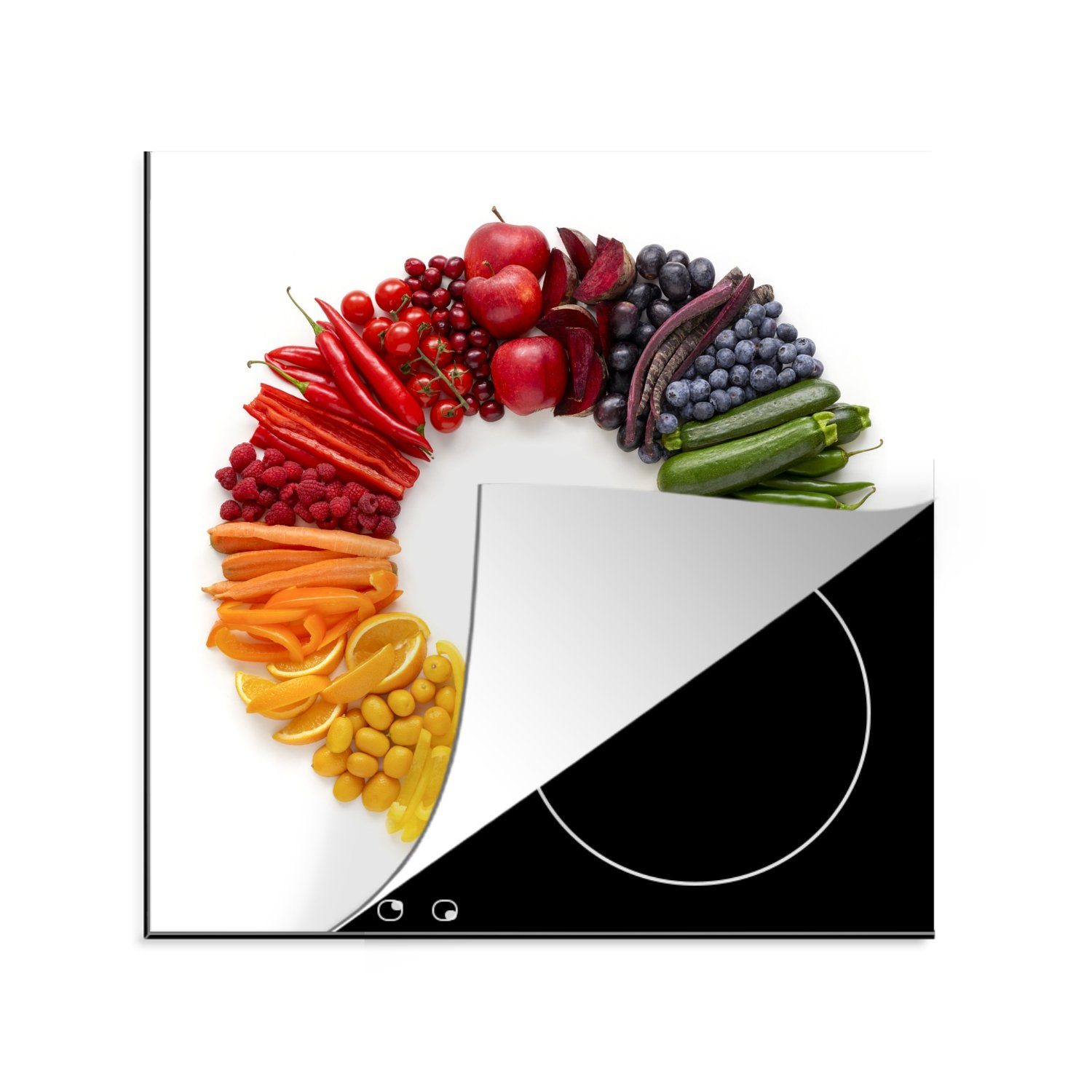 MuchoWow Herdblende-/Abdeckplatte Obst - Regenbogen - Kreis - Weiß, Vinyl, (1 tlg), 78x78 cm, Ceranfeldabdeckung, Arbeitsplatte für küche