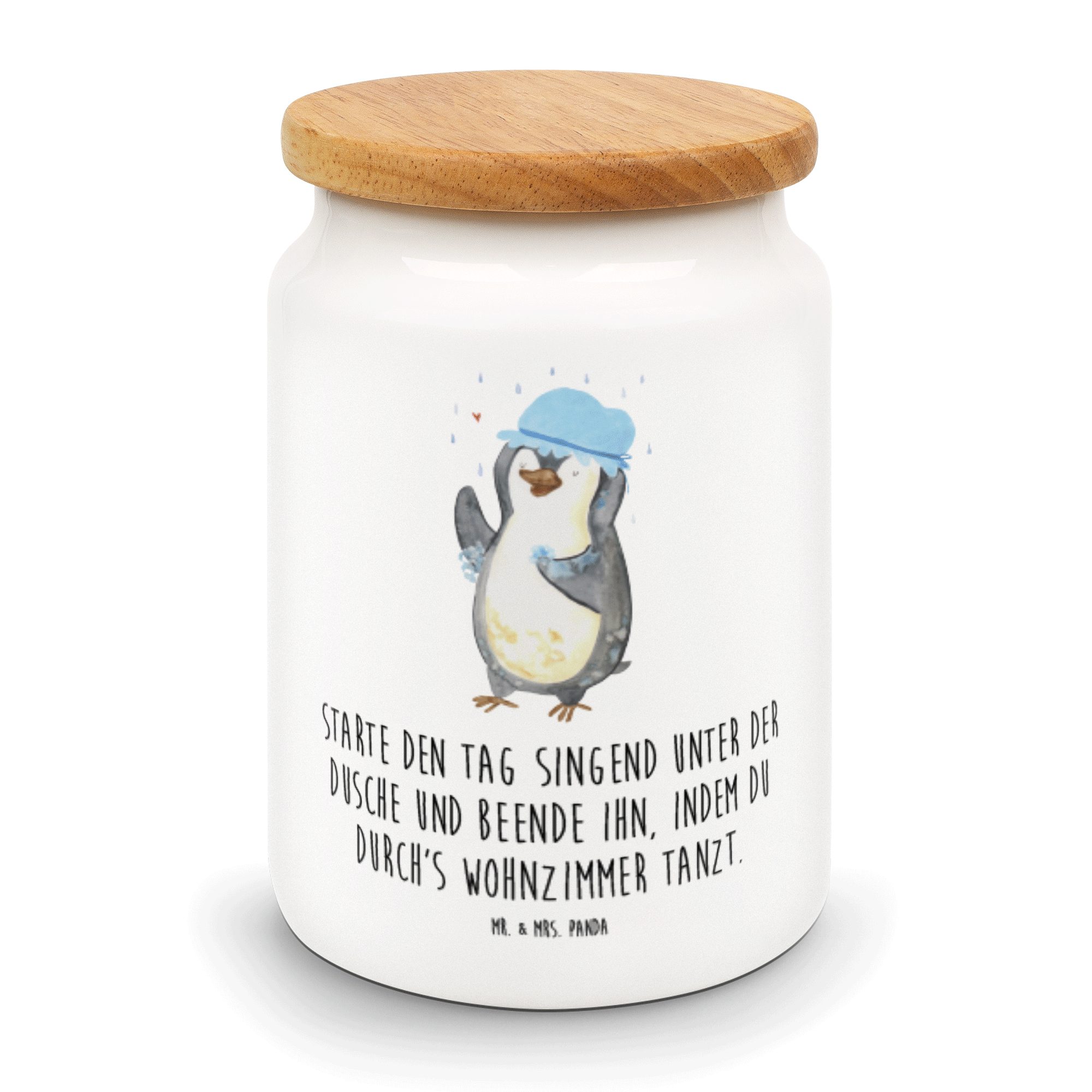 Mr. & Mrs. Panda Vorratsdose Pinguin duscht - Weiß - Geschenk, glücklich sein, Keramikdose, Aufbew, Keramik, (1-tlg)