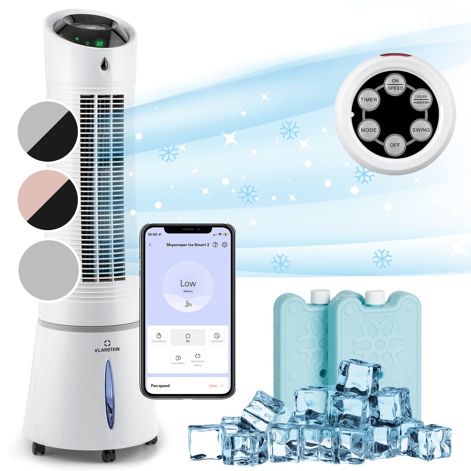 Klarstein Ventilatorkombigerät Skyscraper Ice Smart 4-in-1 Luftkühler & Ventilator, mit Wasserkühlung & Eis mobil Klimagerät ohne Abluftschlauch | Standventilatoren