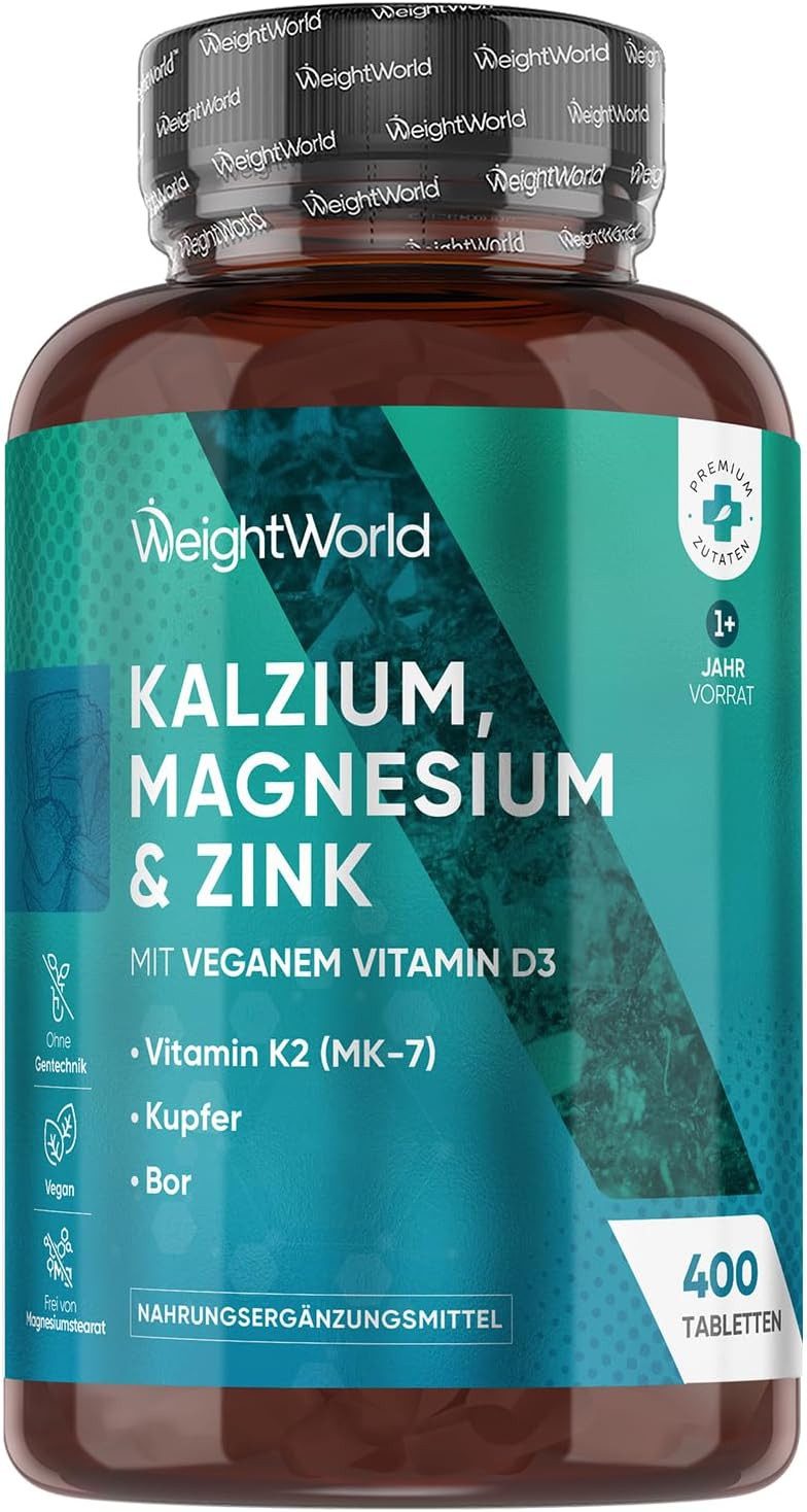 WeightWorld Kalzium Magnesium Zink Komplex – 400 vegane Tabletten (1+ Jahr Vorrat) Tabletten, 1 er Mit Mangan, Vitamin D3 K2, Bor, Selen, Kupfer à 400 St., 664 g, 100 % Vegan & Rein