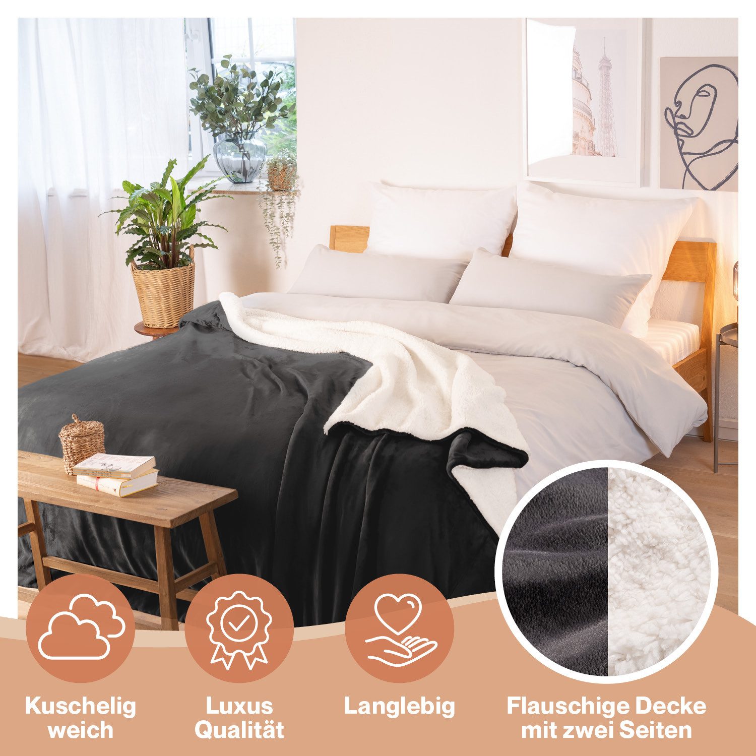 Wohndecke Premium Sherpa Kuscheldecke, Oeko-TEX Zertifiziert, Blumtal, Sofa Decke mit Dicker Sherpa-Innenseite, extra dick & wärmend – Bild 3 von 5